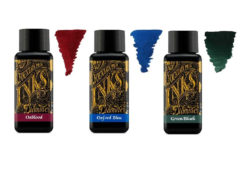 Diamine - Tinta para pluma estilográfica, 30 ml, color primario, 3 botellas – Oxblood & Oxford Blue & Green Black