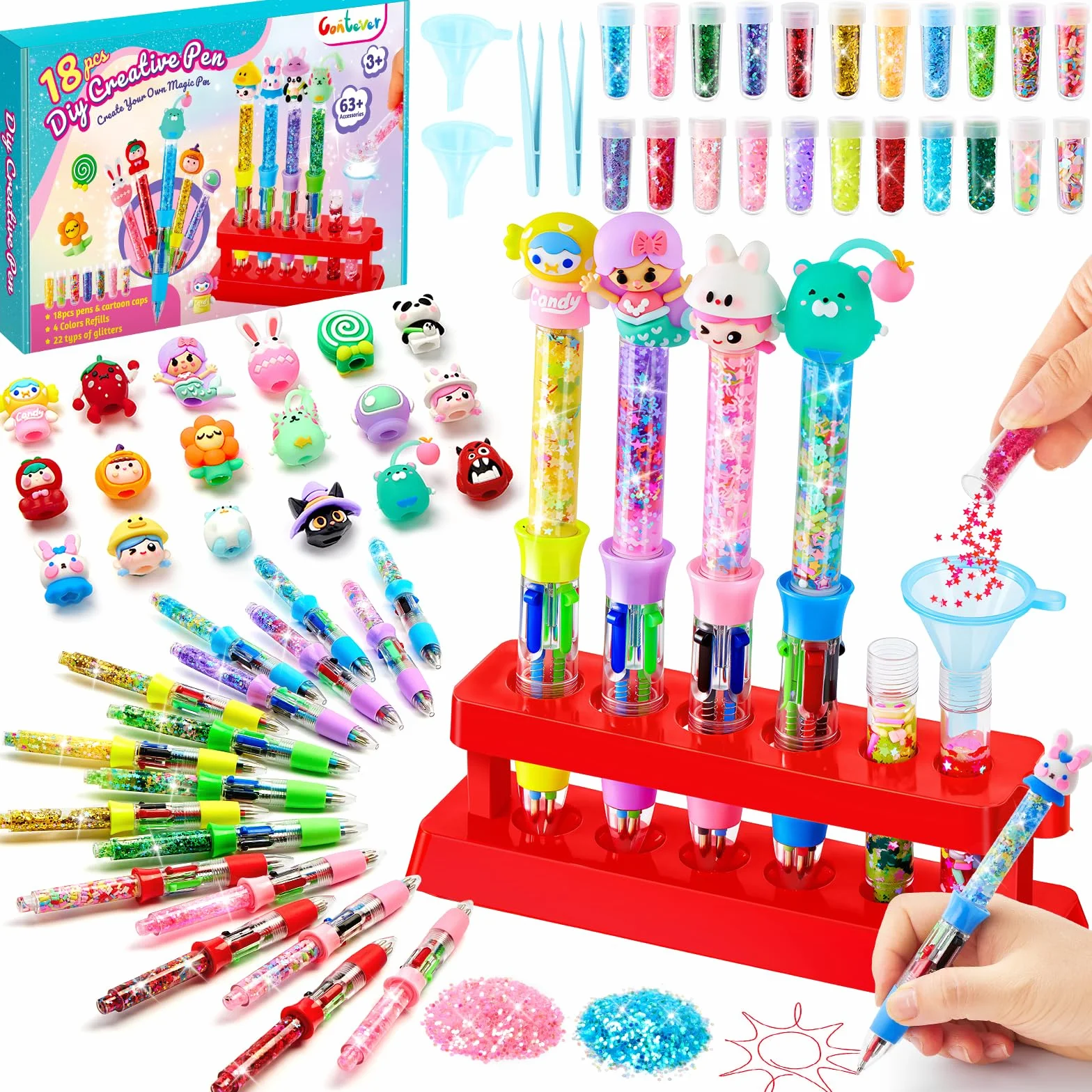 Kit de Creación de Bolígrafos 65+ pcs, Cree 18 Personalizados con Recambio de 4 Colores,Laboratorio de Bolígrafos, Manualidades Niños 5-12 años, Regalo Juguetes para Niños y Niñas