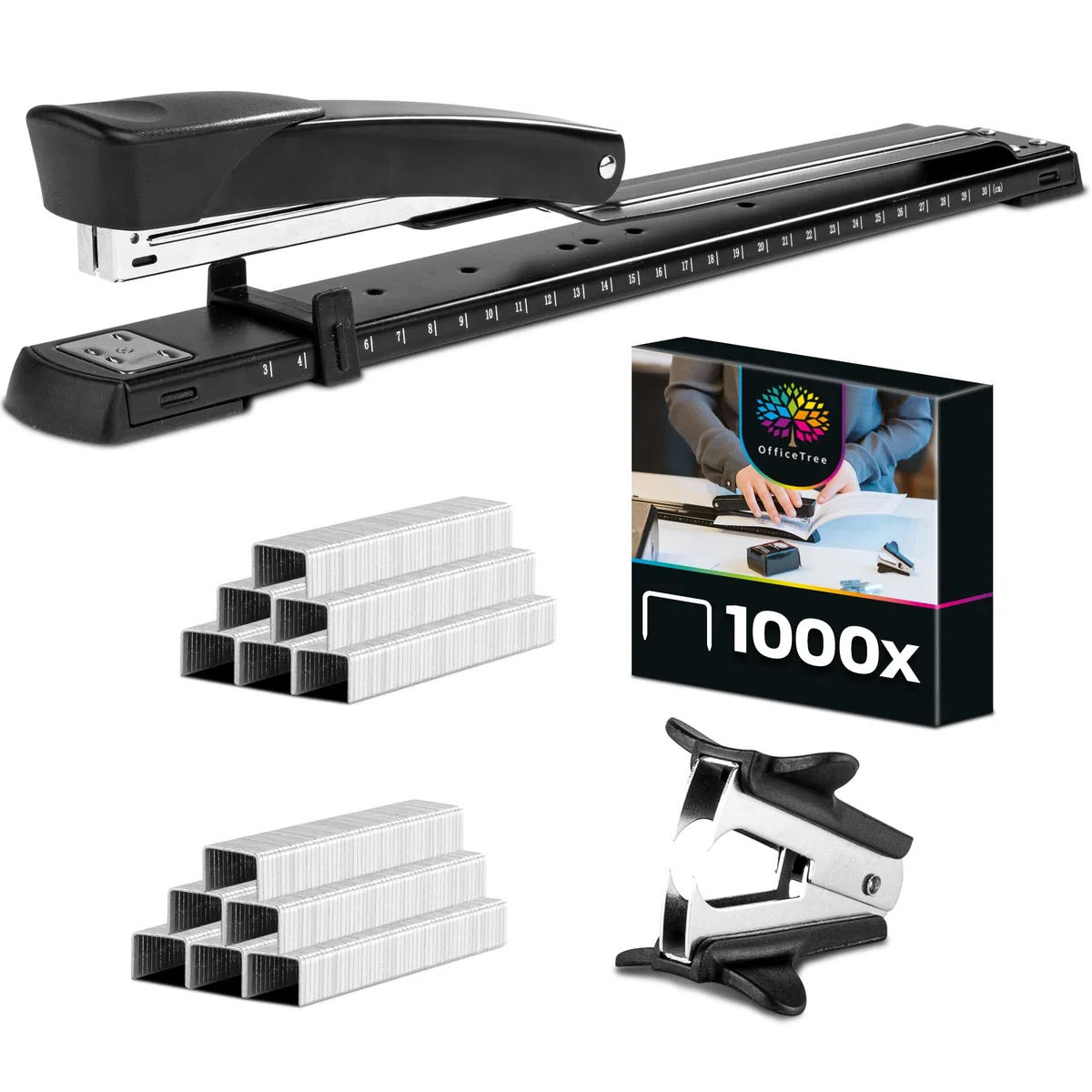 OfficeTree Grapadora Larga Rapid con Quitagrapas y 1000 Grapas - Ideal para Folletos y Papel DIN A3 - Negra con Guía