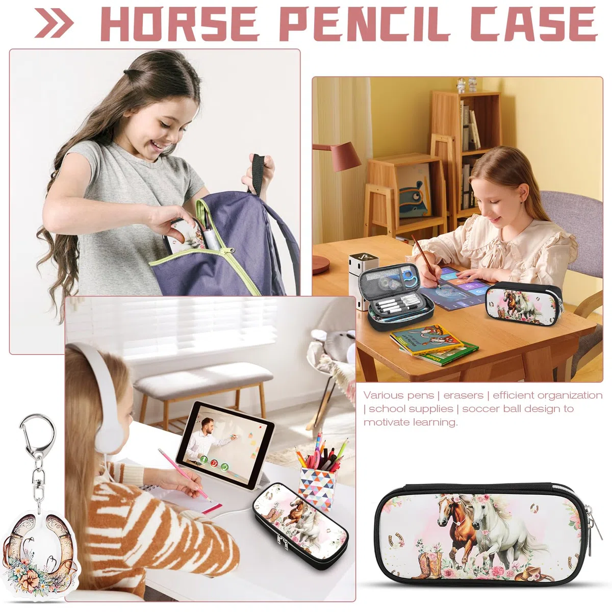 Estuche para lápices, estuche de gran capacidad, estuche para niños con llavero, estuche escolar para escuela, niños, niñas, carbón, Caballo