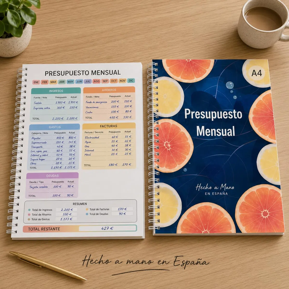Planificador de Presupuesto Mensual A4 con Espiral, Cuaderno de Finanzas Personales, 50 Páginas a Doble Cara para Control de Gastos, Ingresos y Ahorros