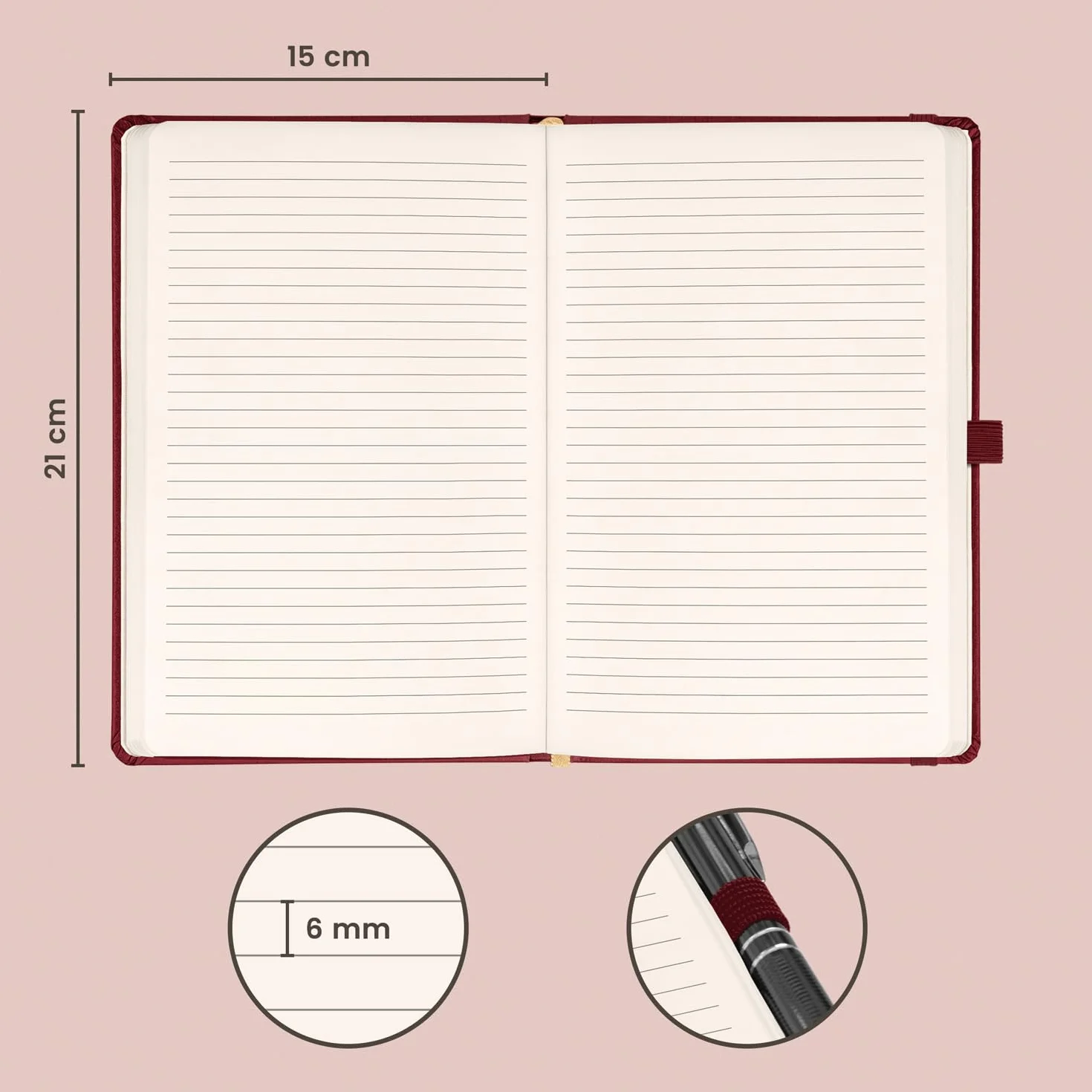 NOTIQUE Cuaderno a rayas, tapa dura, cuaderno, diario, diario con banda elástica y soporte para bolígrafo, 15 x 21 cm, 192 páginas (burdeos, a rayas)