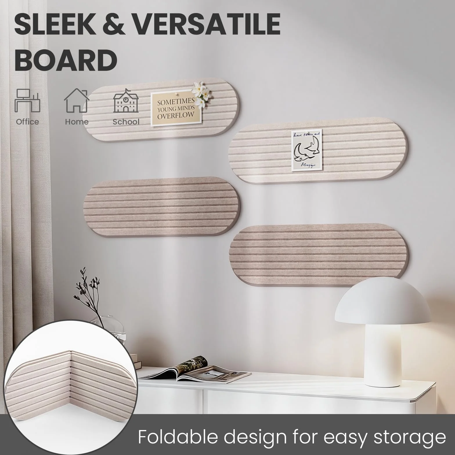 Tablón de anuncios autoadhesivo de fieltro, 4 unidades, 60 x 20 cm, tablón decorativo de fieltro, para habitación infantil, oficina, cocina, color beige