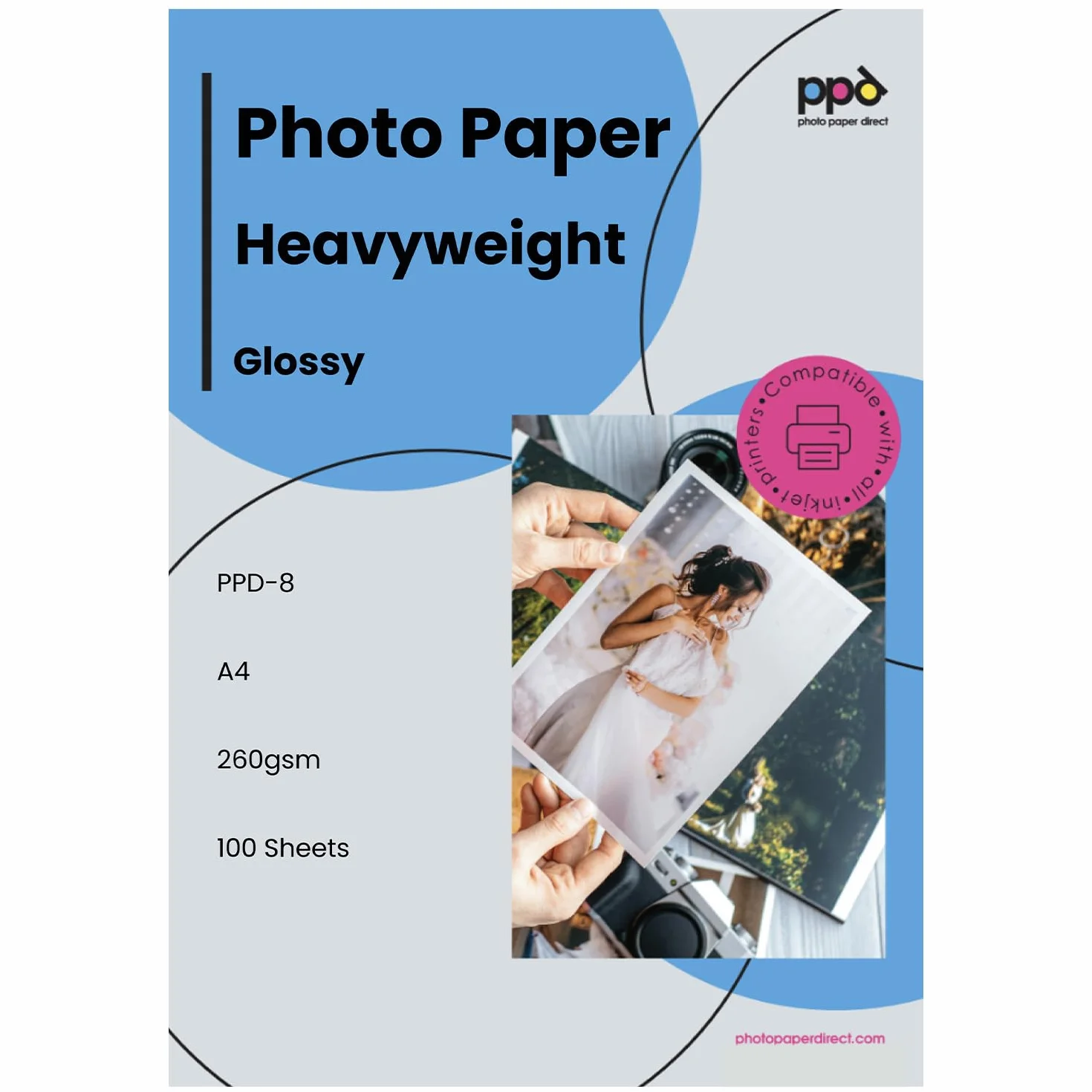PPD Inkjet - A4 x 100 Hojas de Papel Fotográfico Brillante 260 g/m² - Calidad Profesional - Secado Instantáneo - Para Impresión de Inyección de Tinta - PPD-8-100