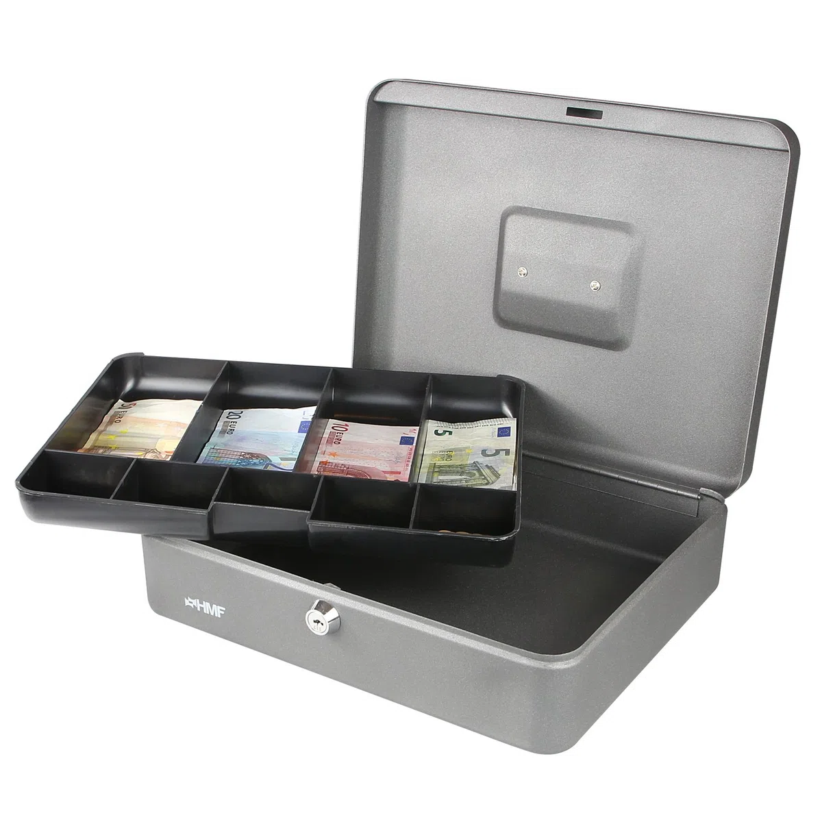 HMF 10019-09 Caja de caudales con compartimientos para monedas y billetes 30 x 24 x 9 cm, plata