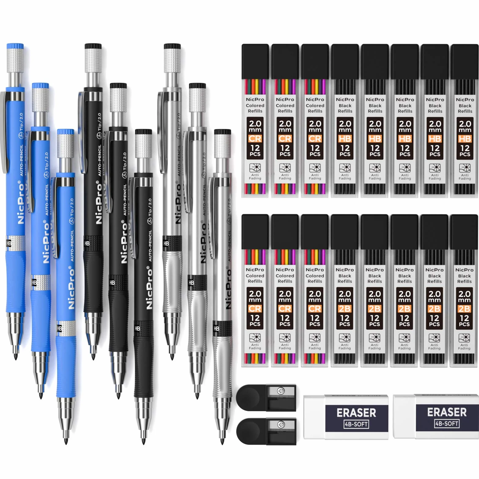Nicpro 9 Piezas Portaminas 2mm, cone Recargas de color y negro (HB & 2B), 2 Borrador, 2 Sacapuntas para Escritura, Dibujo de arte, Carpintero