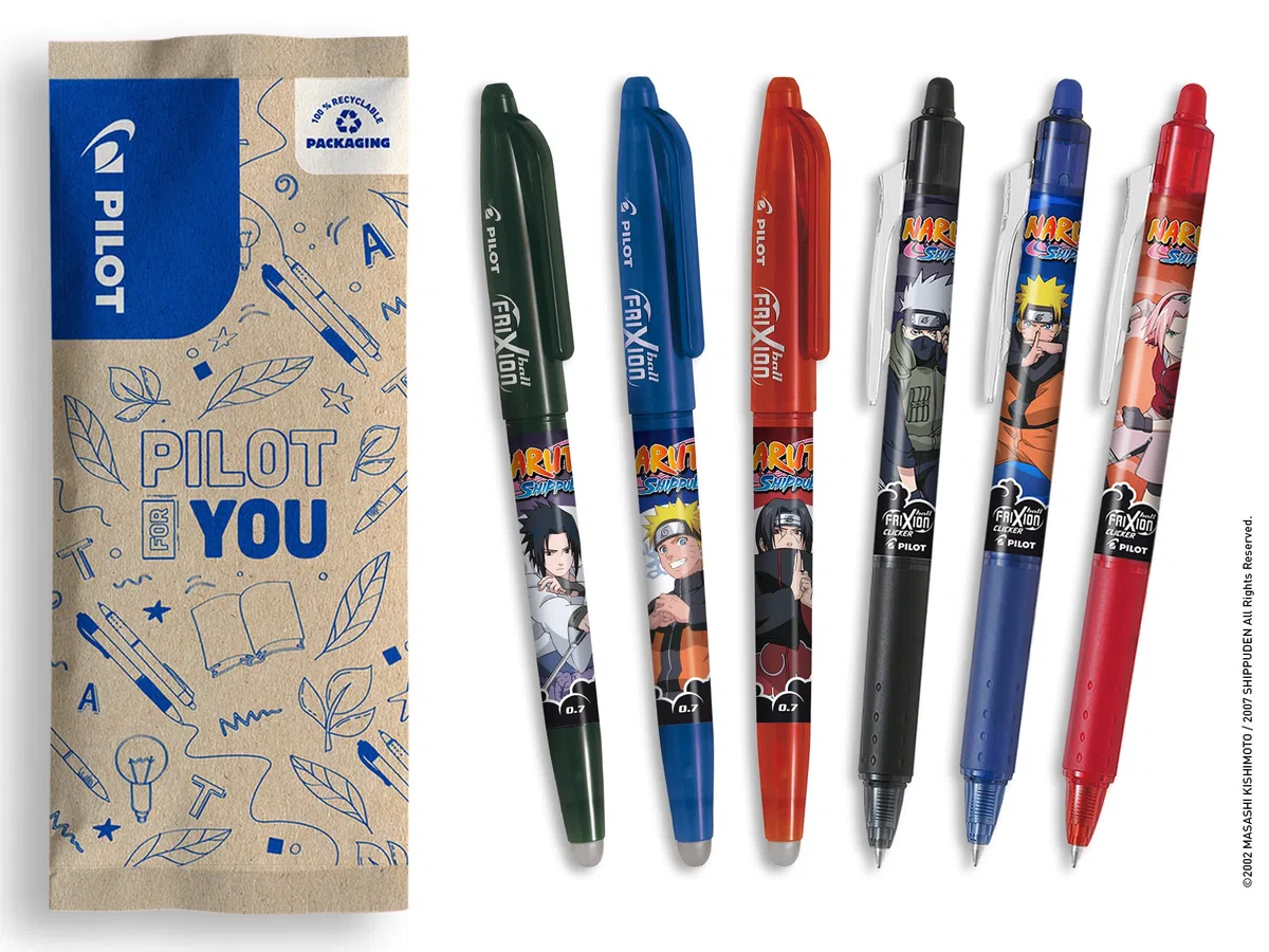 PILOT x NARUTO - Caja de 3 uds FriXion Ball + 3 uds FriXion Ball Clicker - Bolígrafo borrable - Naruto Shipudden Edición Limitada - Bolígrafos roller recargables - Negro, Azul, Rojo - Punta media