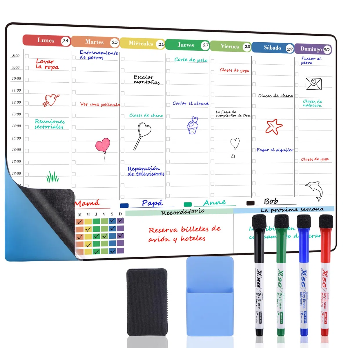 POPRUN Pizarra Blanca Adhesiva 42 x 28 cm, Planificador Semanal Pared, Weekly Planner Whiteboard Para Hogar, Cocina, Oficina y Estudio - Versión en Español