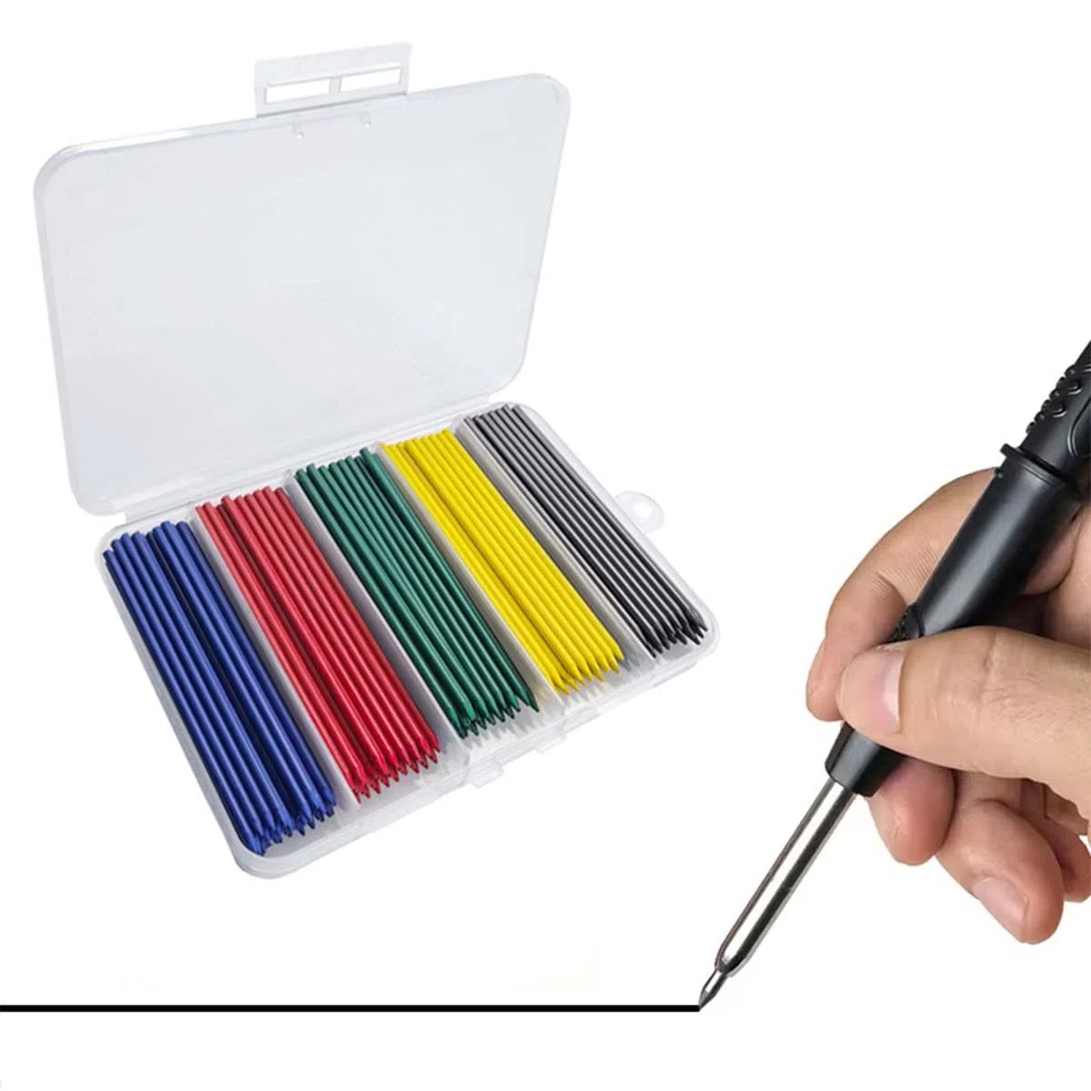MROOFUL - Juego de 200 minas de repuesto para lápiz de carpintero, color azul, rojo, verde, amarillo, negro, gran capacidad de 2,8 mm, agujero profundo para lápiz mecánico