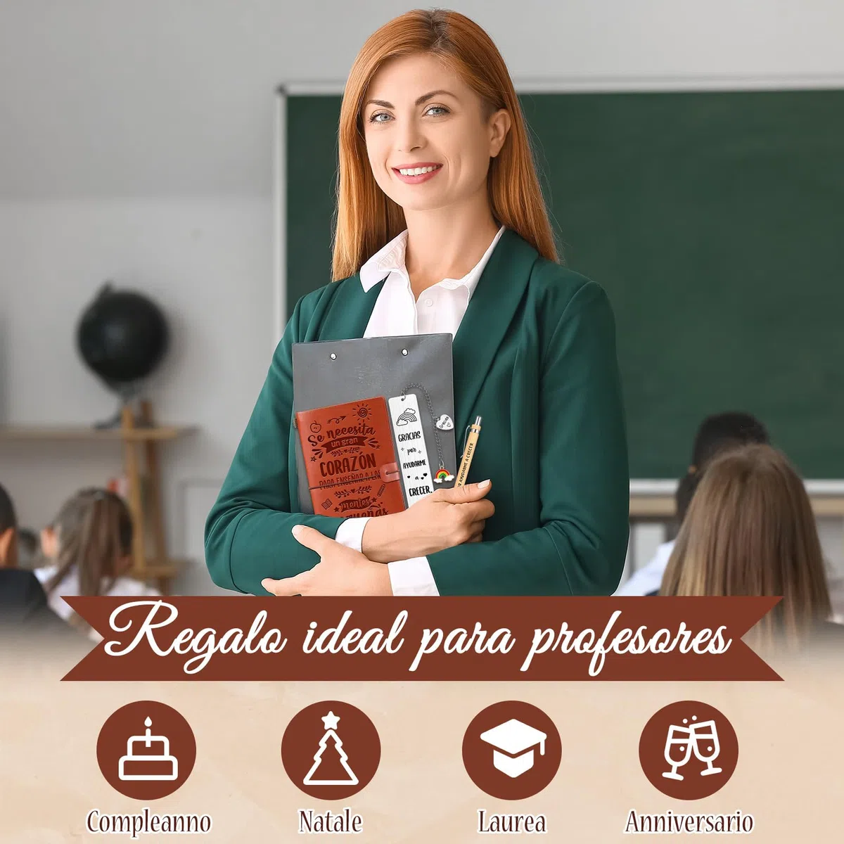 Clabby 3 Regalos de Profesores para Fin de Curso Incluye Cuaderno con Tapa de Cuero, Marcador de Libros Creativo para Profesores Bolígrafo de Madera Grabado de Agradecimiento para Maestras Graduación