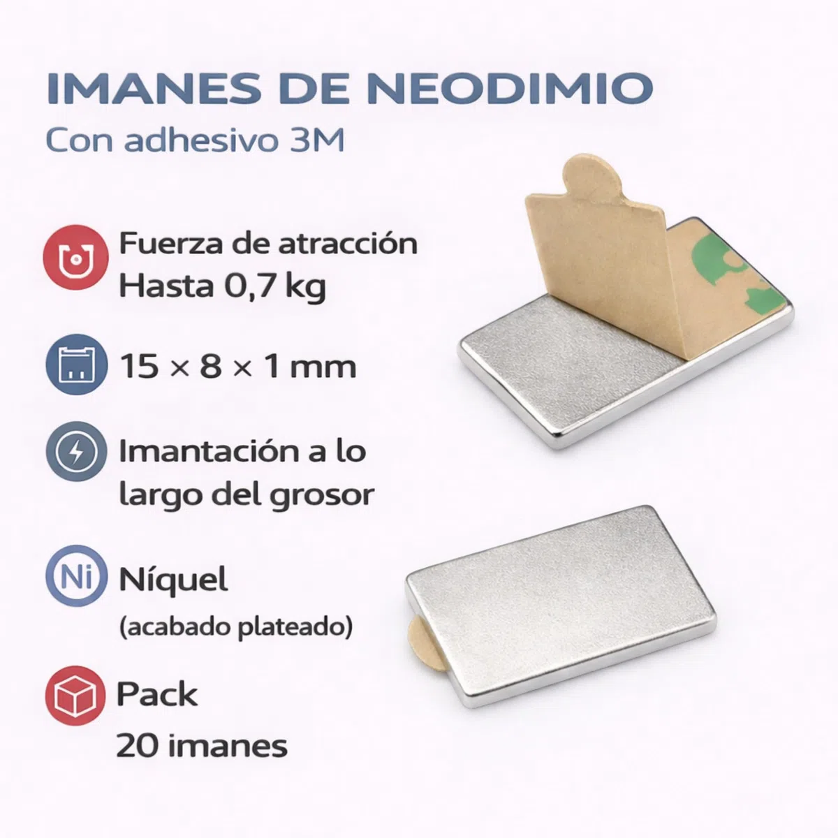 Imanes de Neodimio Autoadhesivos 15x8x1 mm | Paquete de 20 Imanes Fuertes y Duraderos para Pizarras, Manualidades y Organización