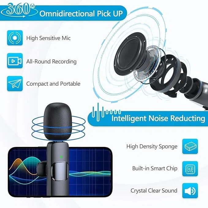 Clipmic Duo - Juego de micrófono inalámbrico reductor de ruido, micrófono Lavalier inalámbrico, micrófonos de solapa Plug and Play, fácil de llevar, mini micrófono de grabación de video, para