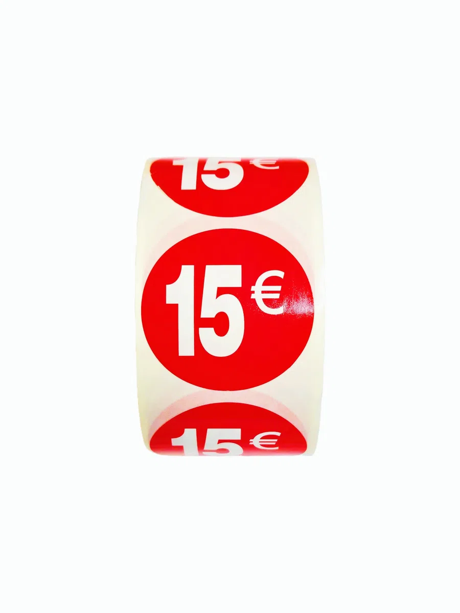 Etiquetas Adhesivas de Precio, 2.500 Pegatinas, 35 mm, Rojo Brillante, 5 Rollos (15€ -2500UDS)