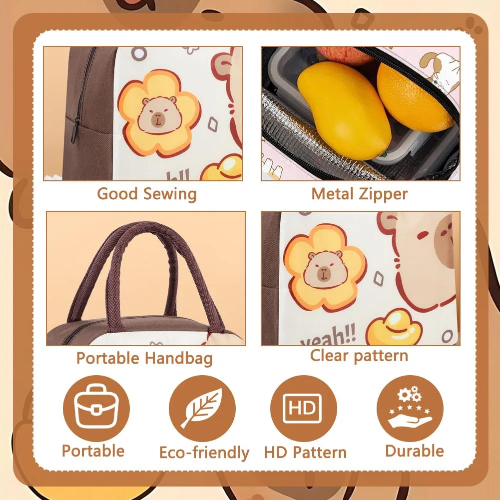 Capybara Bolsa De Almuerzo Para Niños y Fiambrera Para Niños Con Botella,Animales De Dibujos Animados Lunch Bag Reutilizable Con Aislamiento Para Viajes Picnic Escuela