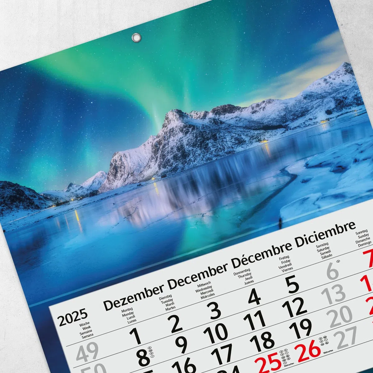 Timr Calendario de pared 4 meses 2026 - Calendario 4 meses con deslizador - 90 cm Calendario de cuatro meses multilingüe D/GB/F/ES I Motivo Auroras boreales I tr318