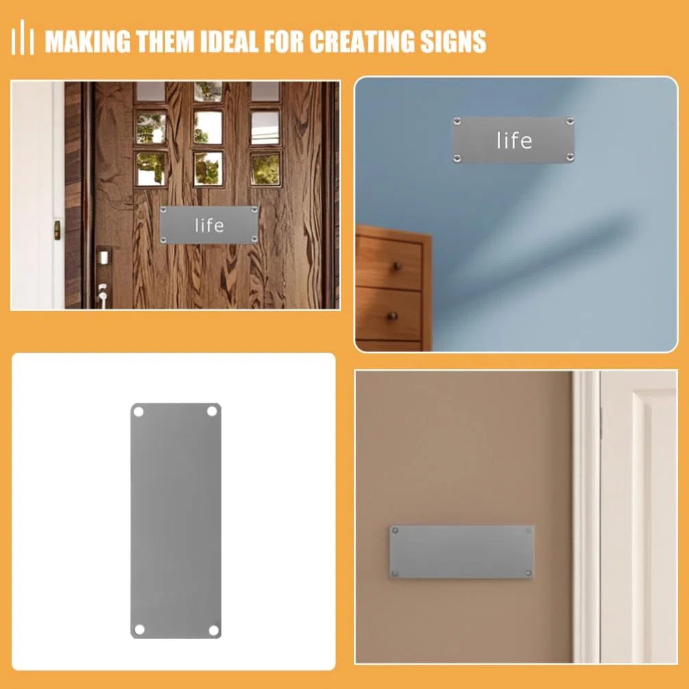 Healifty 10 placas de metal con nombre en blanco, pared de acero inoxidable con cuatro agujeros para signos en blanco en casa, oficina, negocios