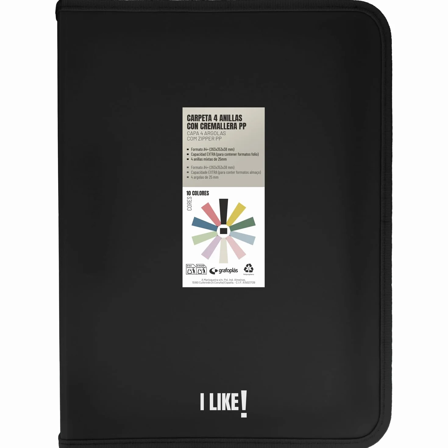 Grafoplas - Carpeta Anillas a4 con Cremalleras A4+, Negro, 4 Anillas 25mm, Incluye Compresor Plástico, Colección Papeleria Like, Material Polipropileno, Perfecto Material Escolar