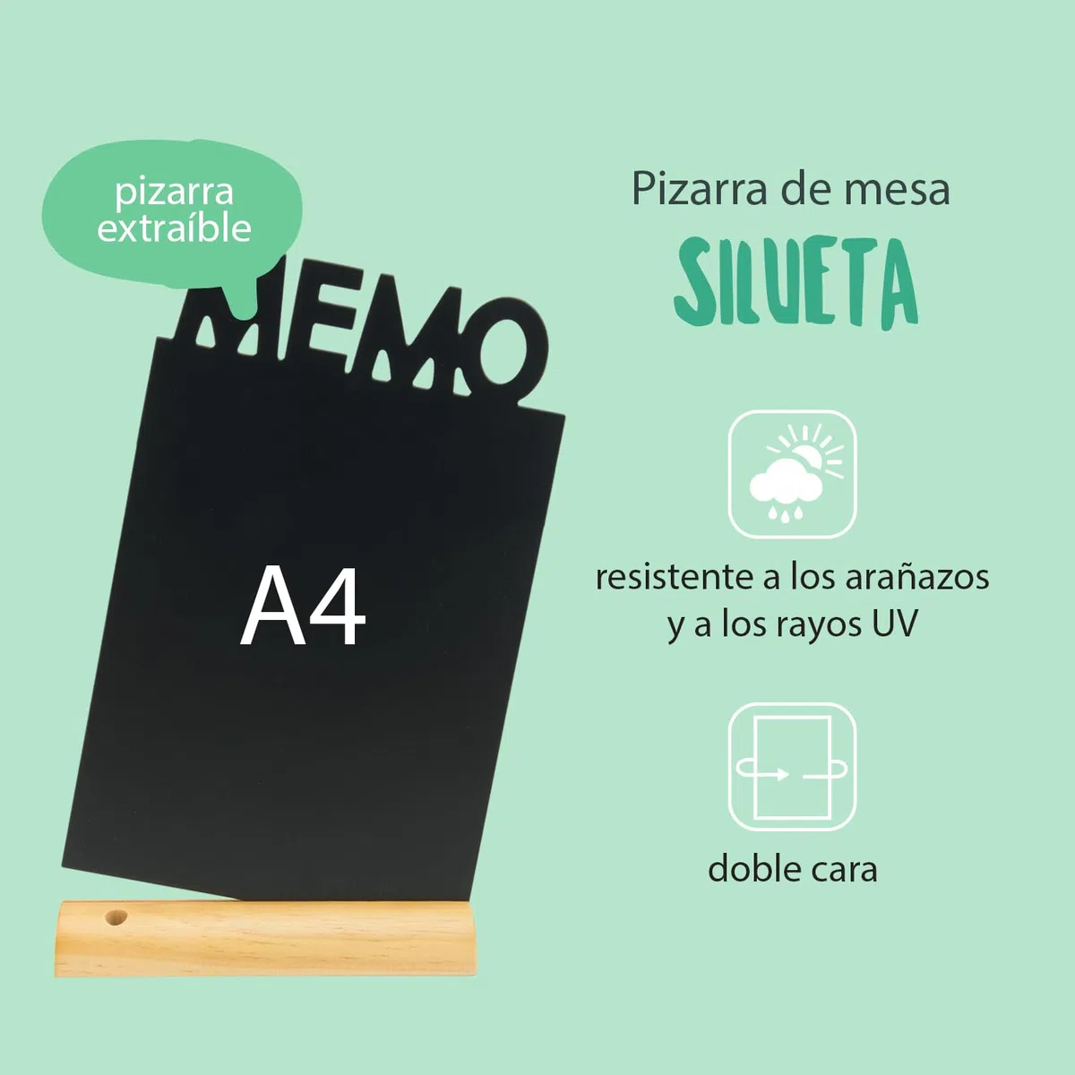 SECURIT - Pizarra de Mesa Memo + Rotulador Blanco - Pizarra Portamenús Doble Cara - Base de Madera Lacada - Café, Bar, Restaurante - 34,5 x 21 x 6 cm - Color Natural/Negro