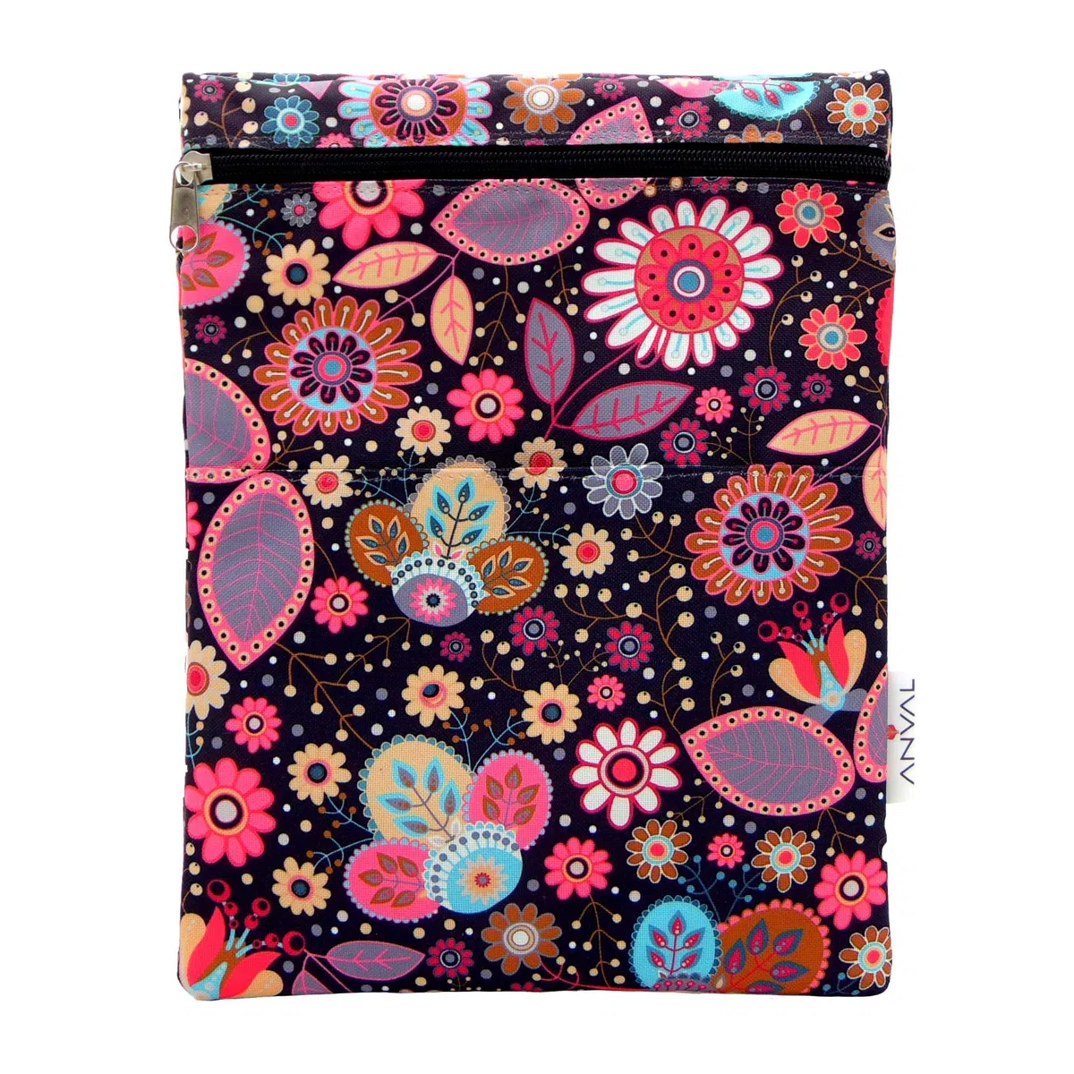 ANVAL Funda para Libro, Impermeable, Interior Forrado,con Cremallera, Doble Bolsillo Exterior -, Adaptable a Cualquier Grosor, Funda Libro Papel - Forro Libro Tela Estampada (Arabescos)