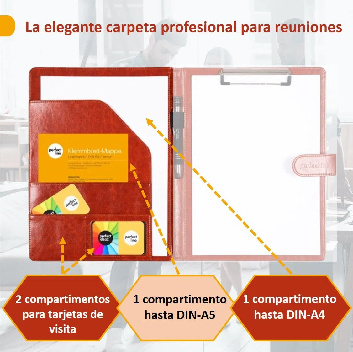 perfect line - Carpeta Portadocumentos Portapapeles DIN A4 con cierre magnético - De piel sintética resistente en elegante aspecto de piel - Carpeta de negocios premium en elegante color marrón