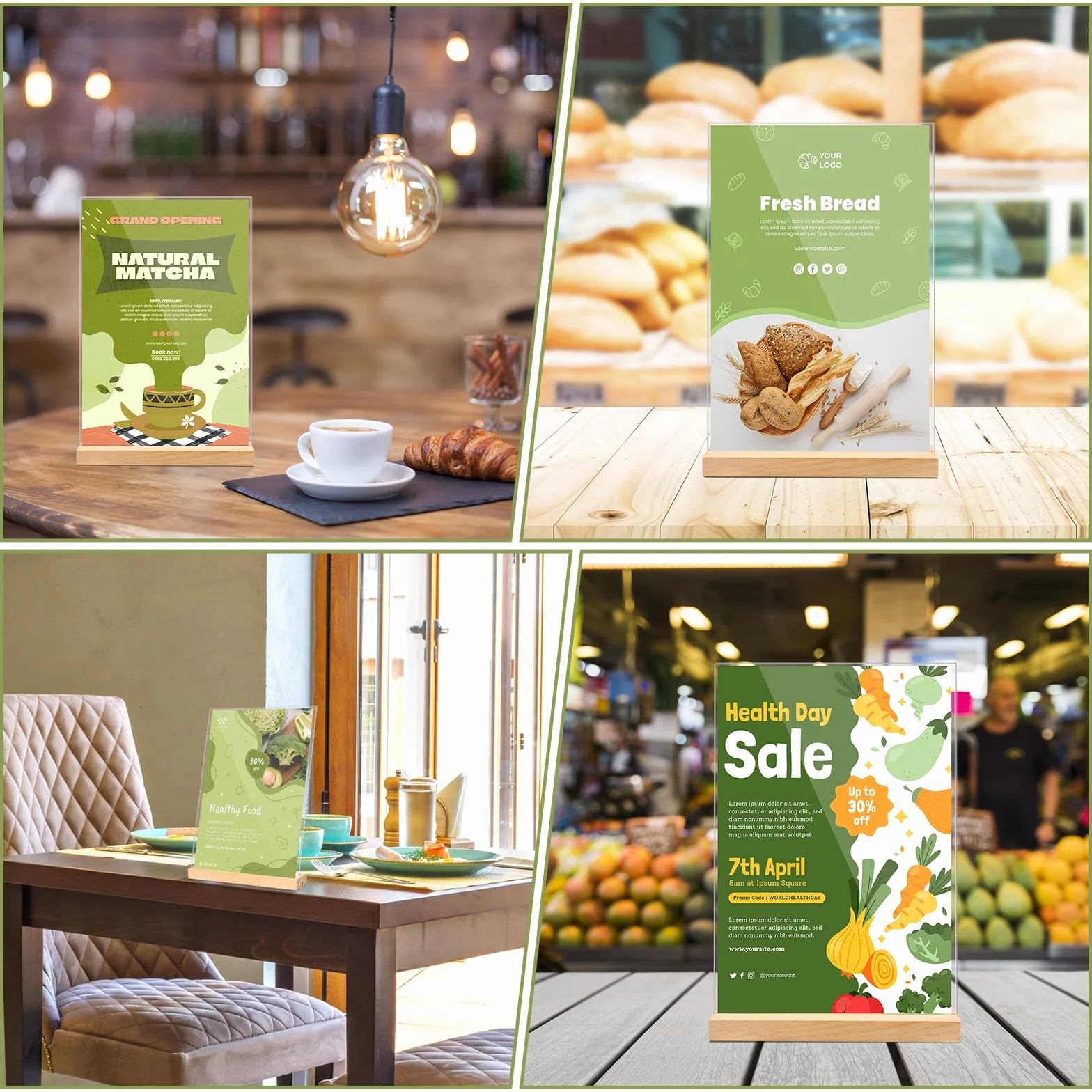 Yoosso Expositor de mesa acrílico A4, 2 unidades, A4, soporte para carteles con base de madera para publicidad, menú, boda, cafetería, restaurante (forma L y T, 2 posibilidades)