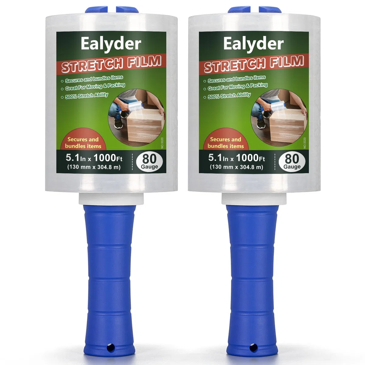 Pack 2 Rollos Film Transparente Elástico con Asas 130mm x 304.8m, Alta Elasticidad y Resistencia para Paletizar, Embalaje, Mudanzas y Envoltura Segura