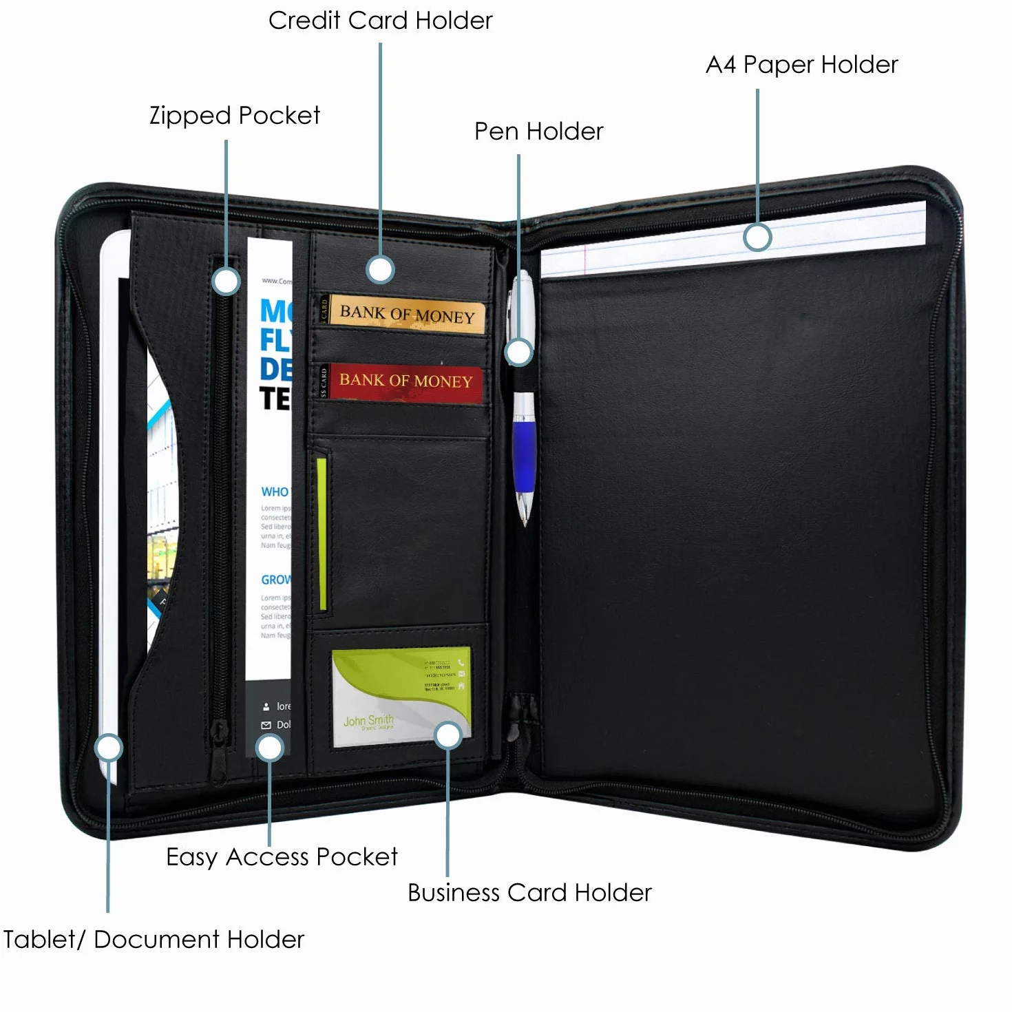 TRIXES - Carpeta Organizadora de archivos para conferencia - Perfecta para escritorios de oficinas - Carpeta de documentos A4 - A Cremallera - Efecto de piel - Color negro