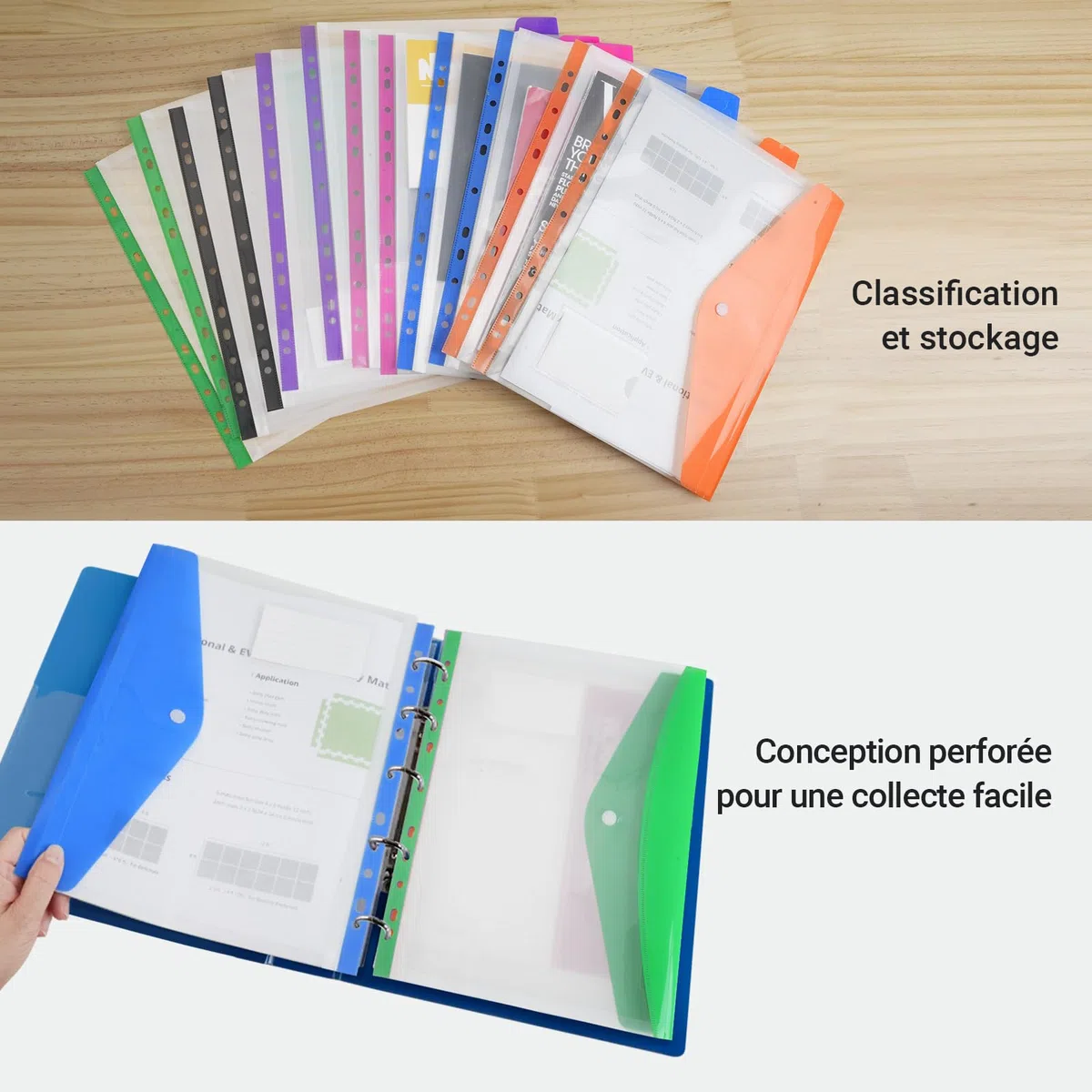 Elalove 12 Fundas Transparentes A4 Multitaladro - Fundas de Plástico A4 con 6 Colores, Impermeables y Duraderas para Organizar Documentos en Oficina, Escuela o Hogar (24.5x31 cm)