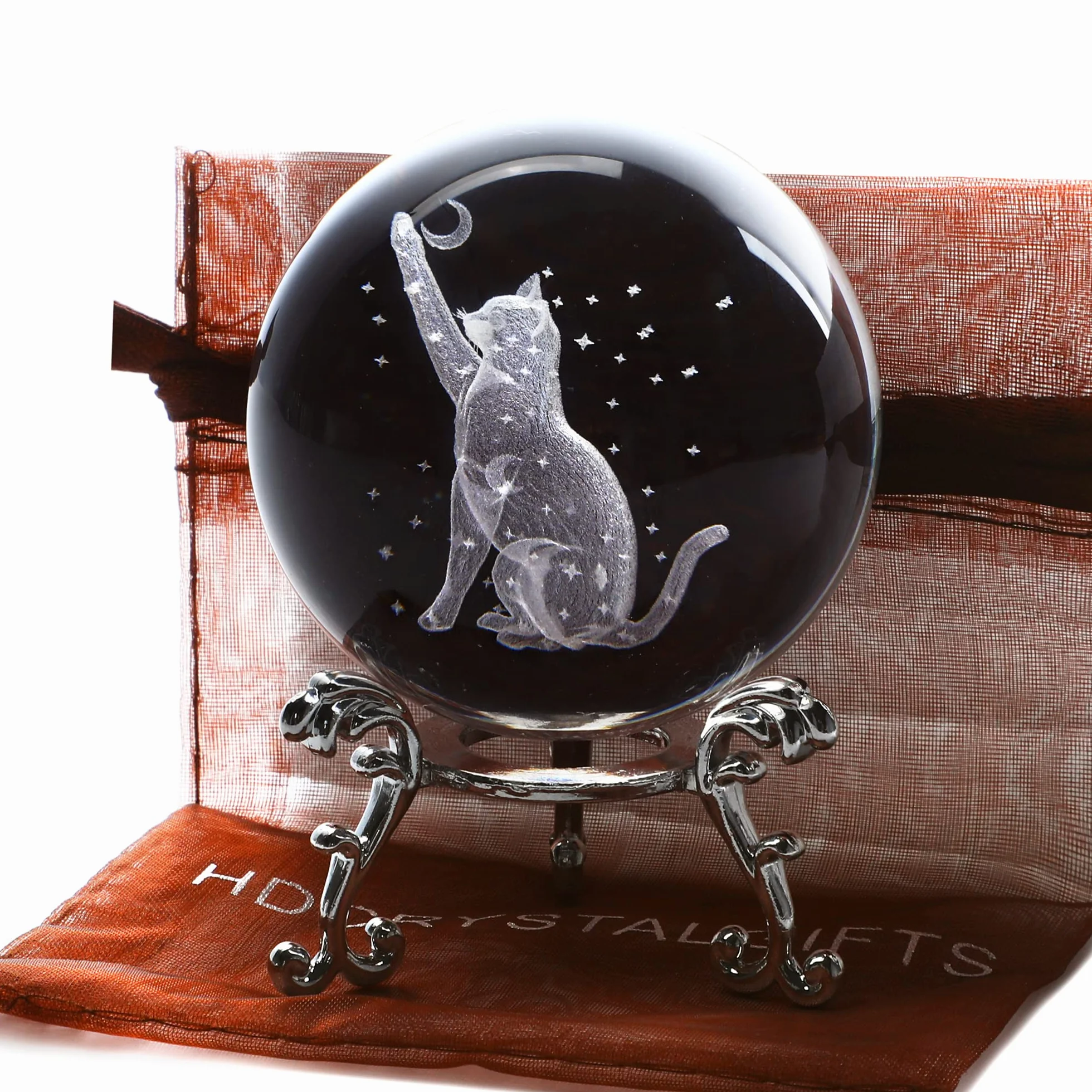 Figura de bola de cristal de gato 3D de 60 mm grabada con láser, bola de cristal con soporte, esfera de vidrio, pisapapeles, regalos para amantes de los gatos, mujeres