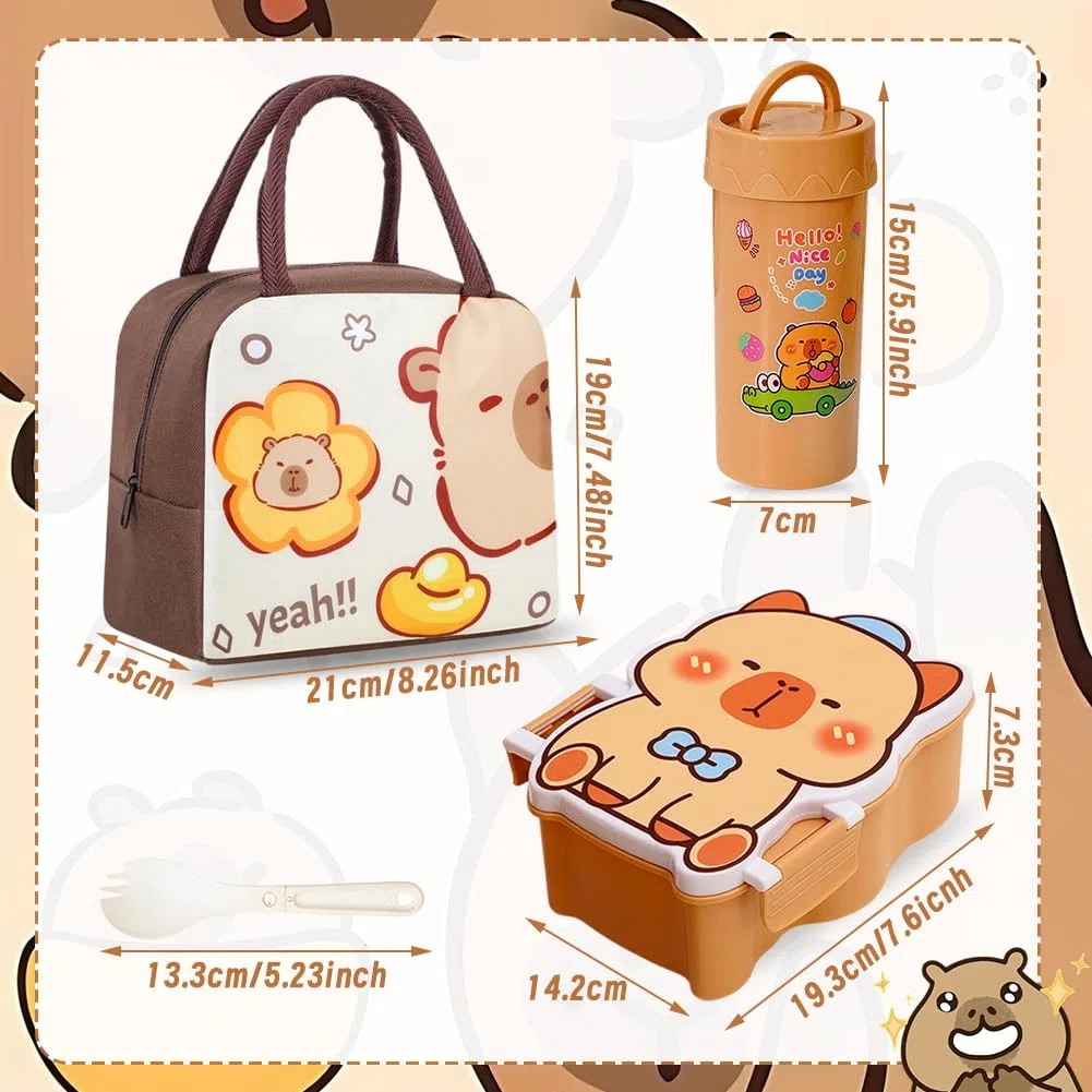 Capybara Bolsa De Almuerzo Para Niños y Fiambrera Para Niños Con Botella,Animales De Dibujos Animados Lunch Bag Reutilizable Con Aislamiento Para Viajes Picnic Escuela