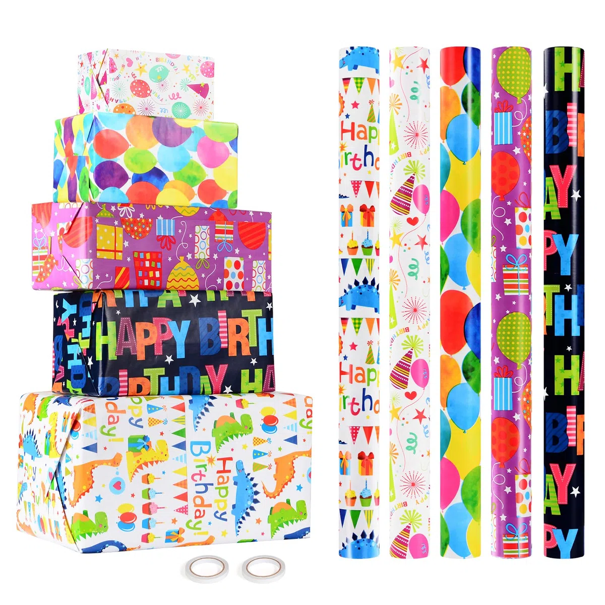 CHEPULA Papel de Regalo Cumpleaños 5 Rollos, 43 cm x 300 cm Papel Regalo para Niños Adultos, Reciclable Gift Wrapping Paper para Todas las Ocasiones de Cumpleaños