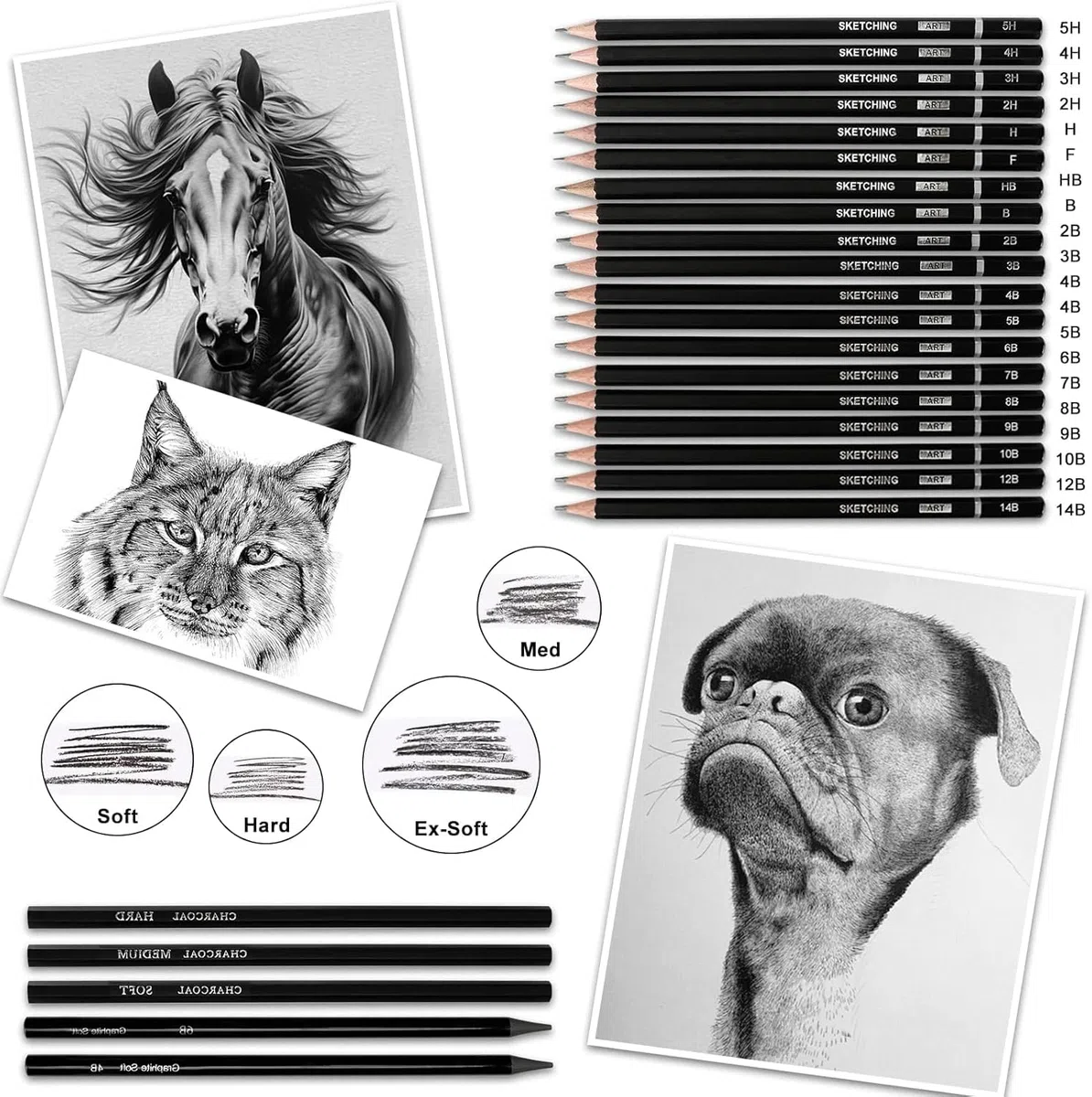 Juego de 60 lápices de dibujo, lápices de bocetos, Set Dibujo Profesional del Artista, suministros de arte con libro de bocetos de 3 colores, grafito, pastel, carboncillo,piezas de dibujo