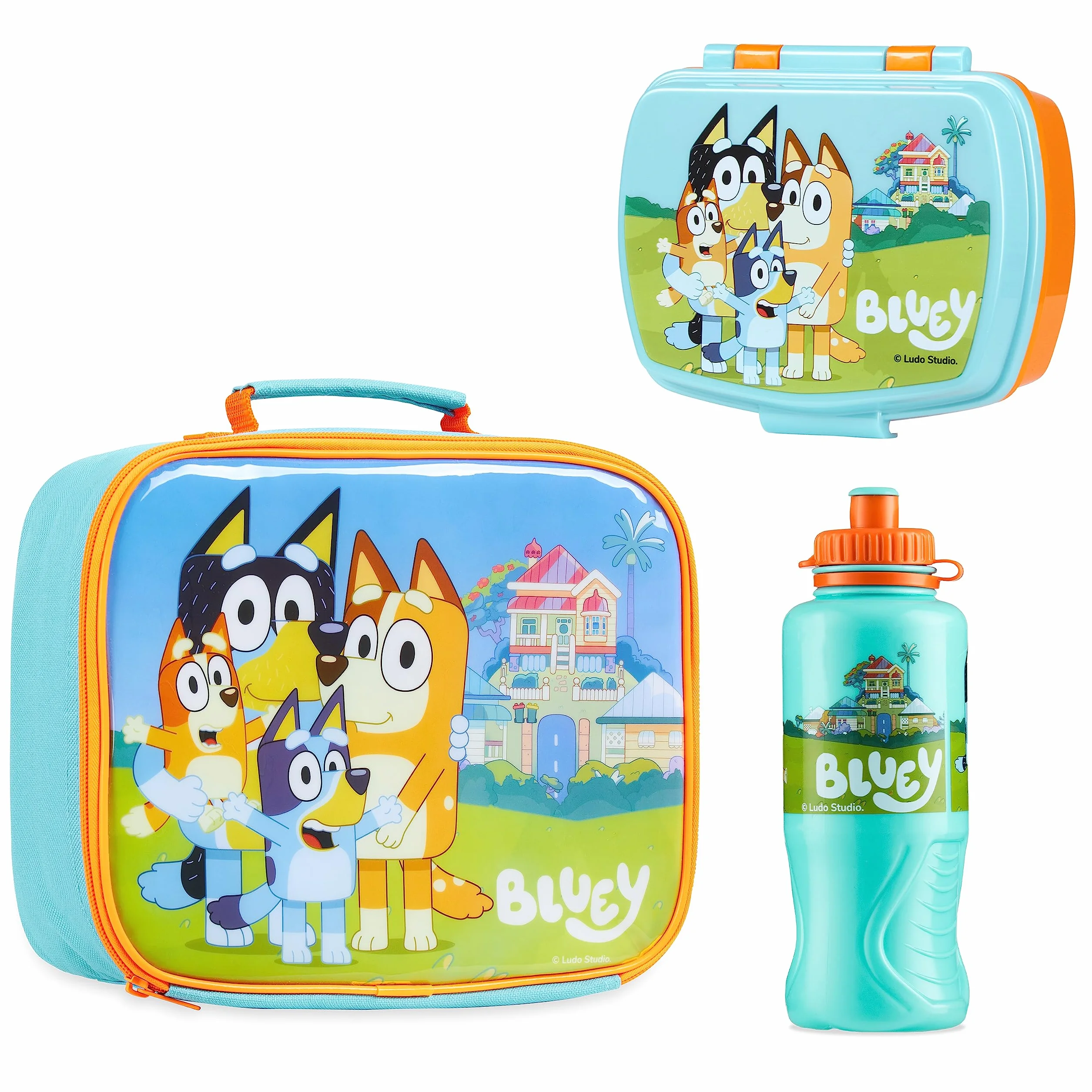 Bluey Bolsa Termica Porta Alimentos, Set 3 Piezas con Loncheras para Niños, Fiambrera Infantil Sandwichera y Botella de Agua, Merienda Bocadillos Guardería Accesorios Oficiales (Azul/Naranja)