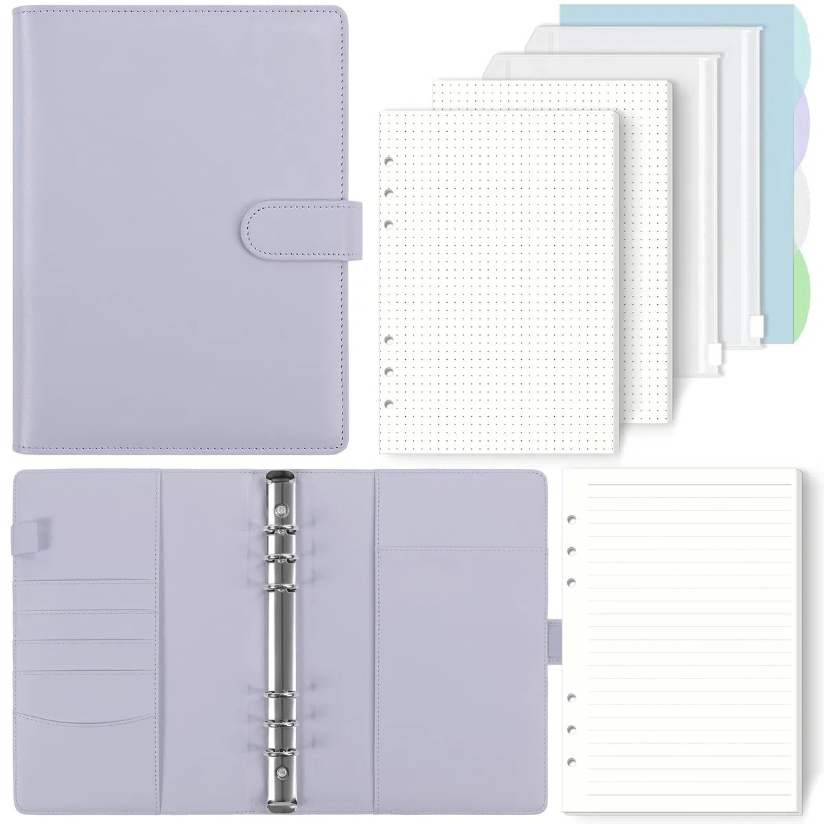 SKYDYE - Carpeta A5 de 6 anillas, papel de recambio de 135 hojas, cuaderno de anillas A5 con bolsillos y divisores para notas escolares y diarios de viaje (morado claro)