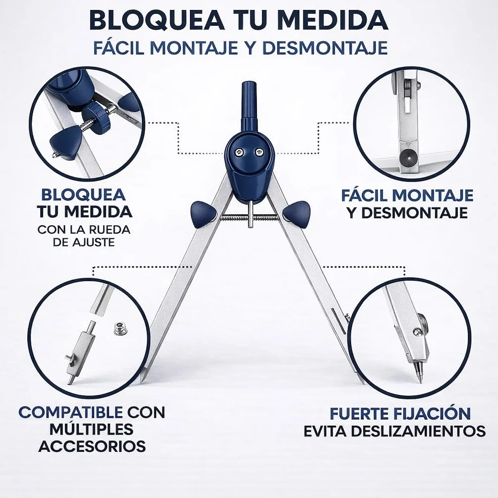 Compás Dibujo Técnico Profesional de Metal con Rueda de Ajuste Azul