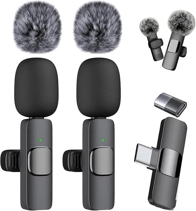 Clipmic Duo - Juego de micrófono inalámbrico reductor de ruido, micrófono Lavalier inalámbrico, micrófonos de solapa Plug and Play, fácil de llevar, mini micrófono de grabación de video, para