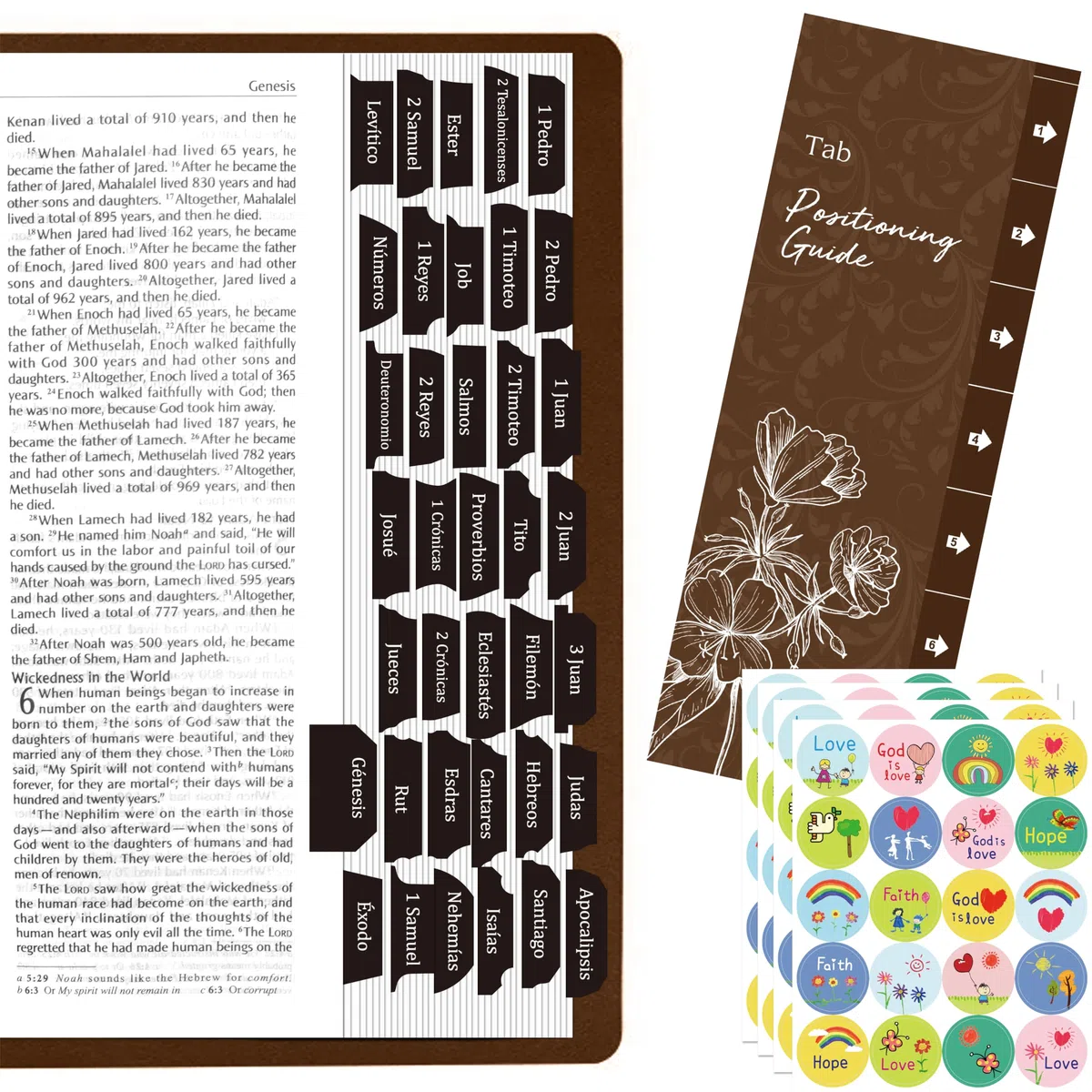 105 Pestañas de Índice de la Biblia en Español, Juego de Pestañas Laminadas, Pestañas Autoadhesivas de la Biblia, 80 Adesivos de Fe Cristiana con una Guía de Alineación (Negro)