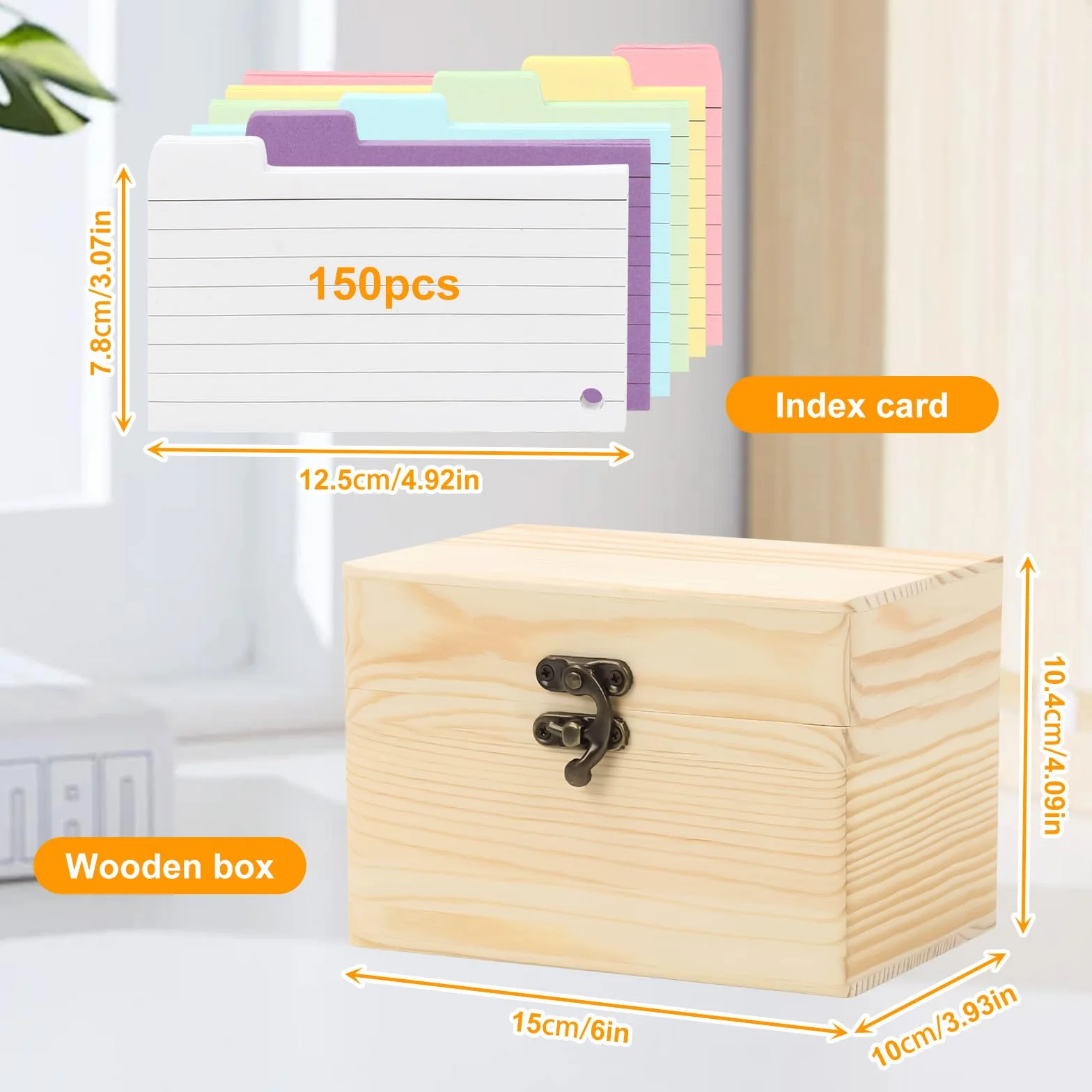 Caja de Tarjetas con Tapa, 15 x 10 x 10,4 cm, incluye 150 Fichas (12,5 x 7,8 cm), Cajas de Recetas para Exámenes de Vocabulario, Entrenamiento de Vocabulario y Aprendizaje Diario