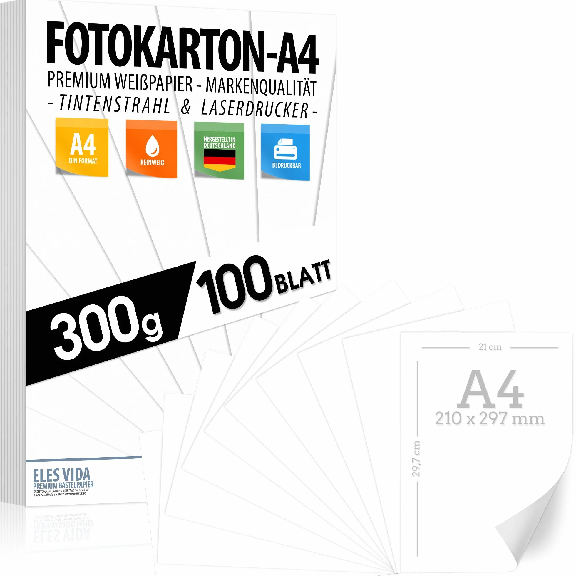 Cartulina blanca para manualidades 300g/m² - PAPEL PREMIUM - DIN A4-21 x 29,7 cm - papel de impresora blanco sin imprimir para, presentaciones, CARTÓN FOTOGRÁFICO, cartulina - MADE IN GERMANY
