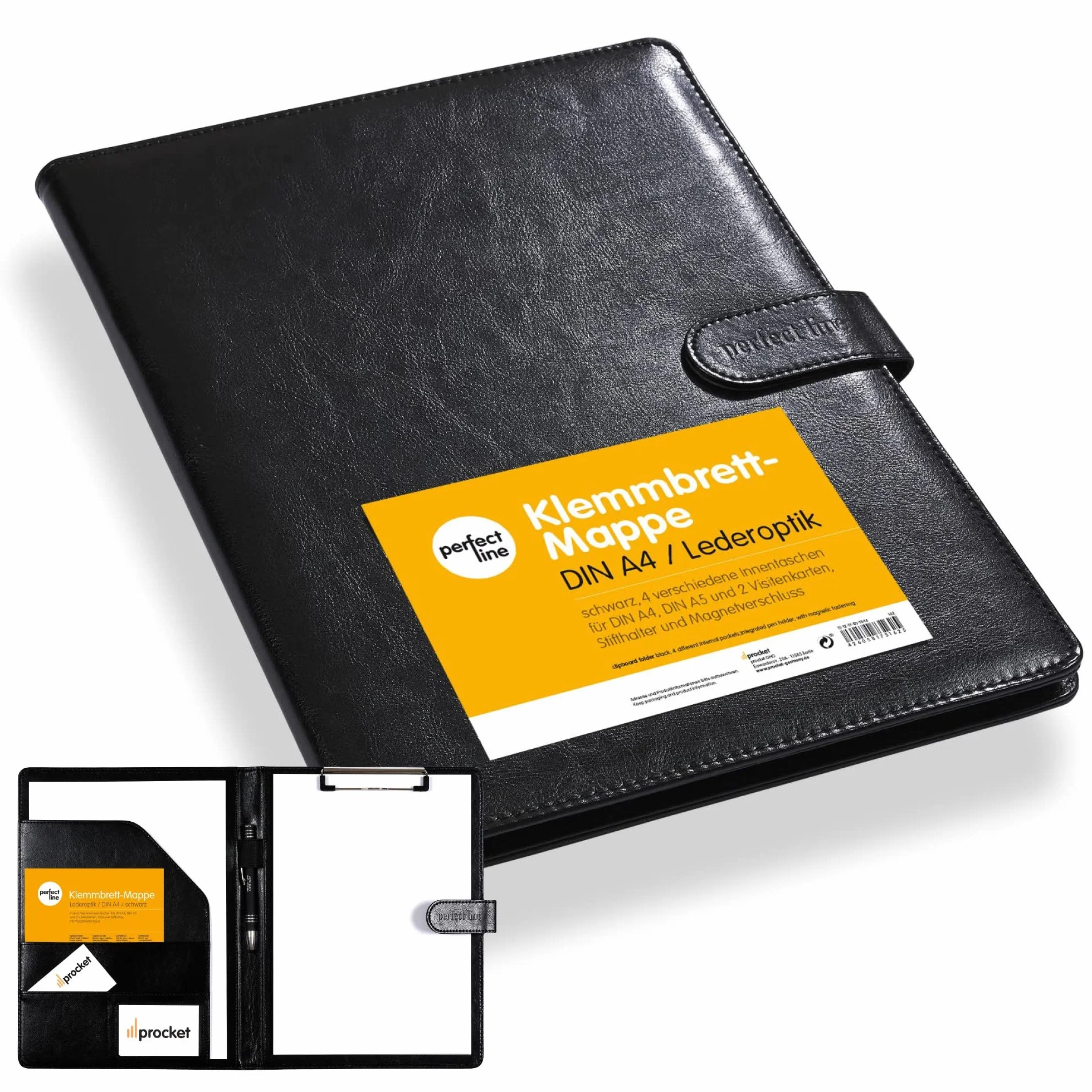 perfect line - Funda con soporte para bloque A4 de piel sintética, bolsa de documentos negra, conferenciante con cierre magnético, conferenciante con 4 compartimentos y abrazadera, ideal como agenda