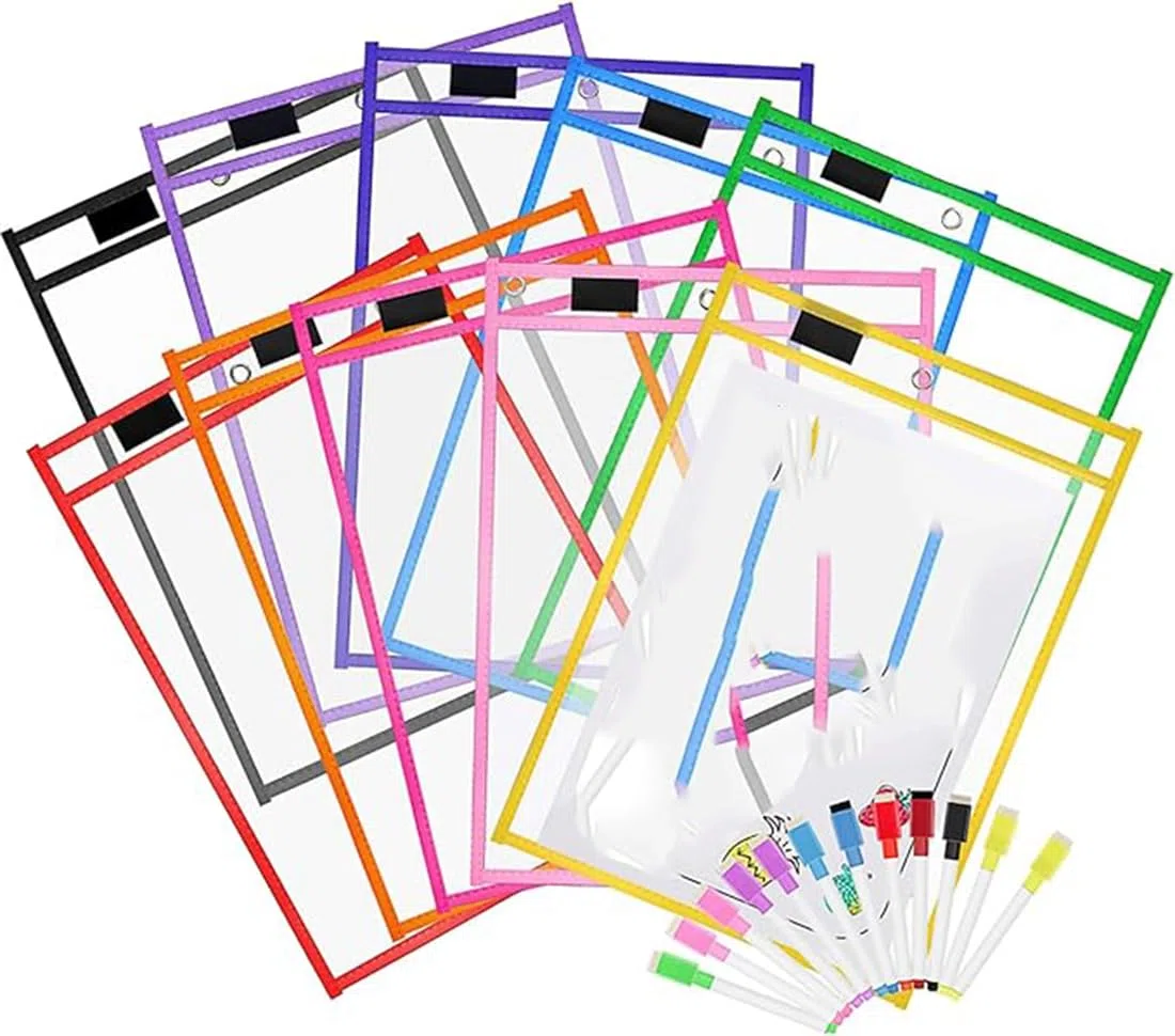 10 Piezas Dry Erase Pockets con 10 Rotuladores, Opret Fundas Fichas Reutilizables de Tamaño 25.5x33 cm / A4, Fundas Modernas Borrables para La Organización en el Aula/Colegio/Guardería/Ludoteca