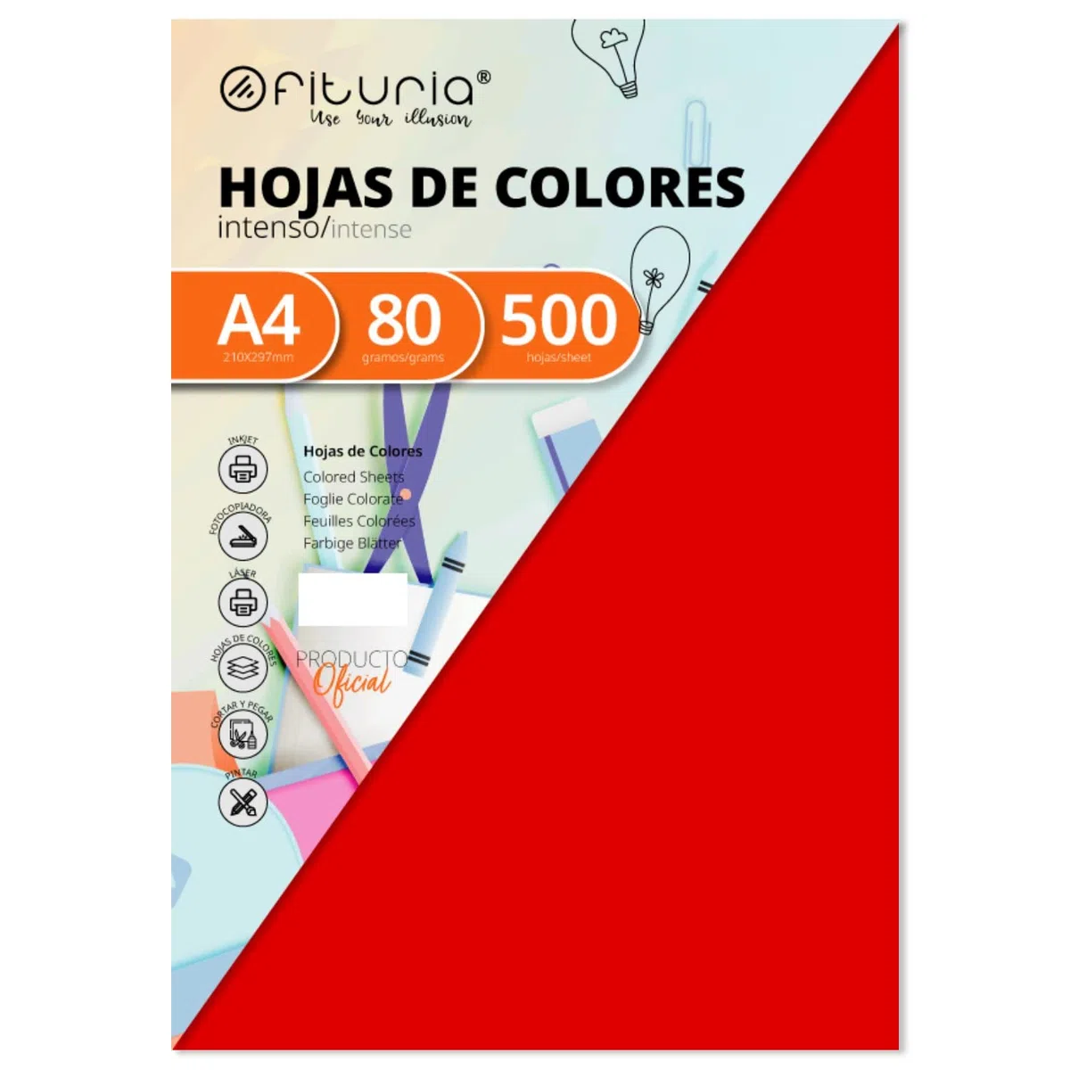 Pack 500 Hojas Color Rojo Tamaño A4 80g
