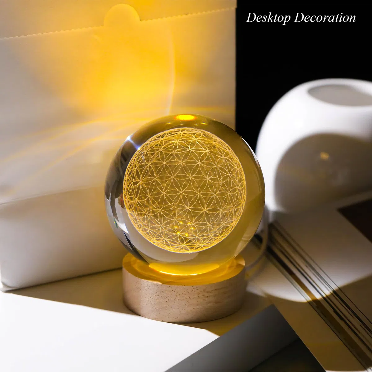 Arikyrist Bola de Cristal grabada en 3D, diseño de Flor de la Vida, Esfera de la Vida grabada con láser, decoración del hogar, Esfera de Cristal con geometría Sagrada, Adornos de pisapapeles, Regalos