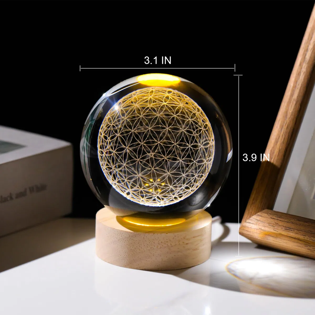 Arikyrist Bola de Cristal grabada en 3D, diseño de Flor de la Vida, Esfera de la Vida grabada con láser, decoración del hogar, Esfera de Cristal con geometría Sagrada, Adornos de pisapapeles, Regalos