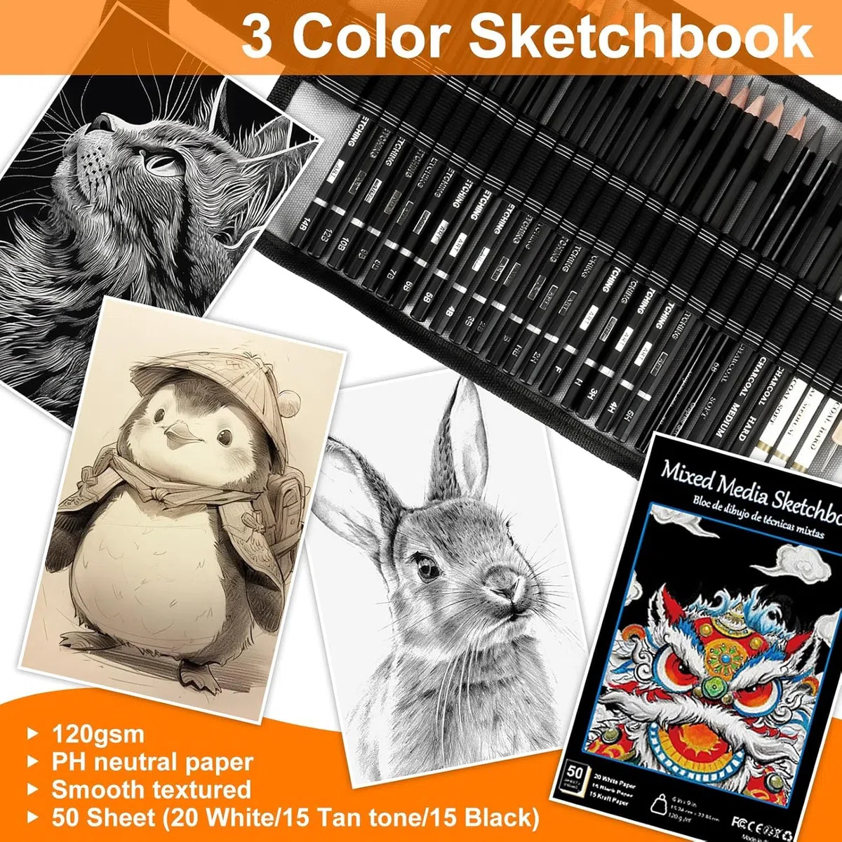 Juego de 60 lápices de dibujo, lápices de bocetos, Set Dibujo Profesional del Artista, suministros de arte con libro de bocetos de 3 colores, grafito, pastel, carboncillo,piezas de dibujo
