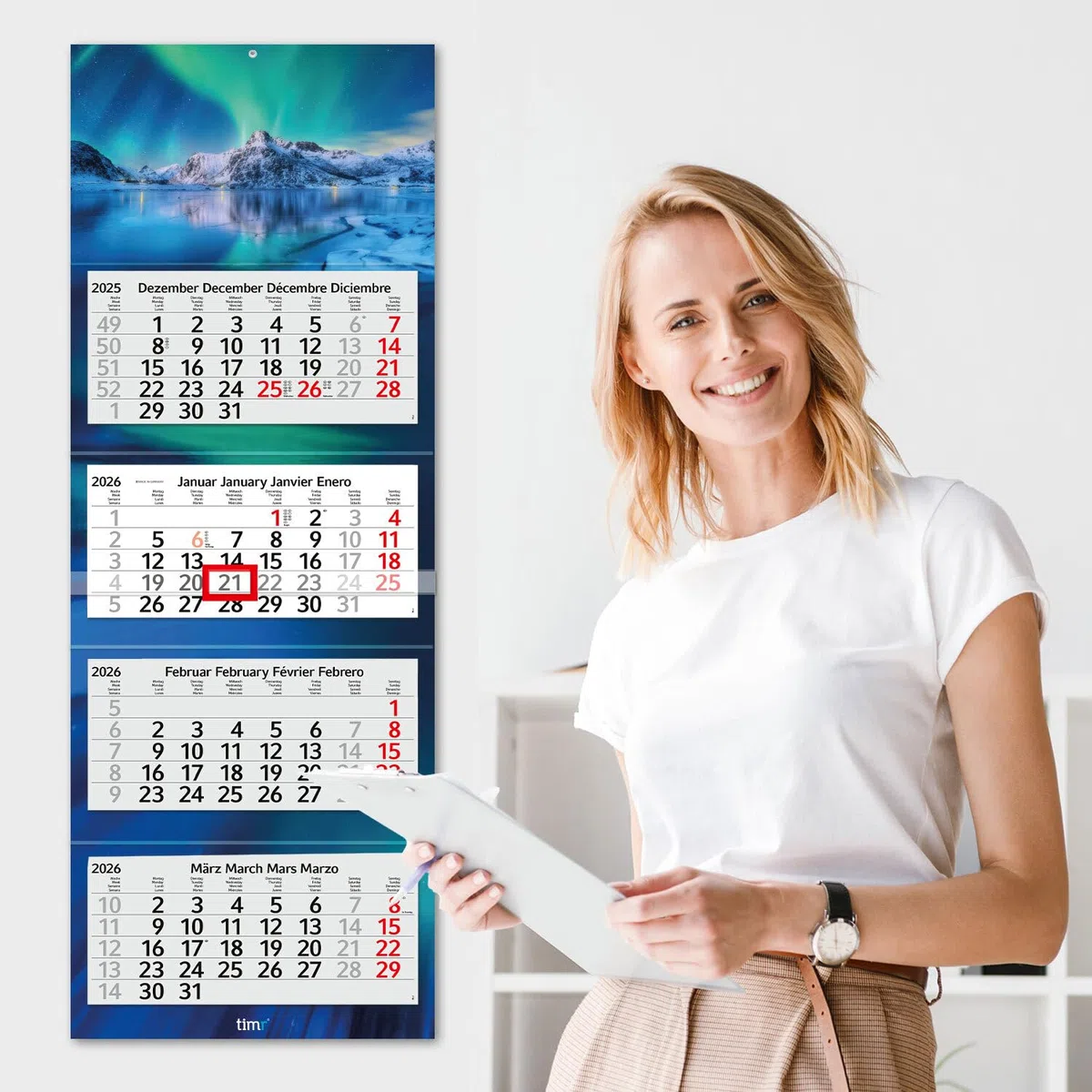 Timr Calendario de pared 4 meses 2026 - Calendario 4 meses con deslizador - 90 cm Calendario de cuatro meses multilingüe D/GB/F/ES I Motivo Auroras boreales I tr318