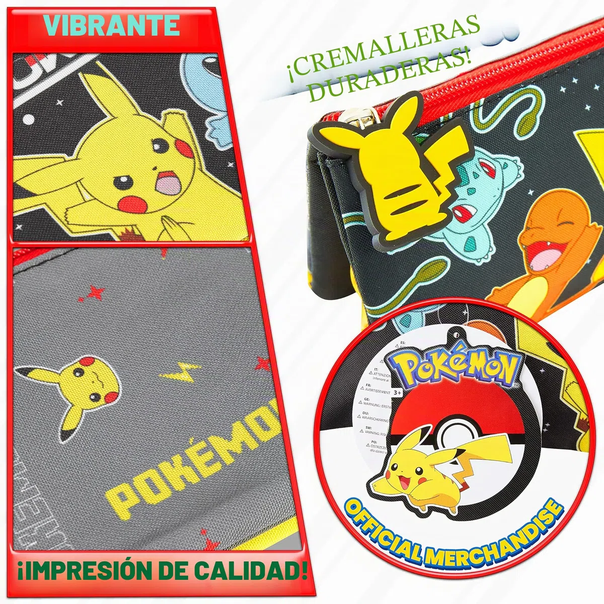 Pokémon Estuche Escolar 3 Compartimentos para Niños Pikachu