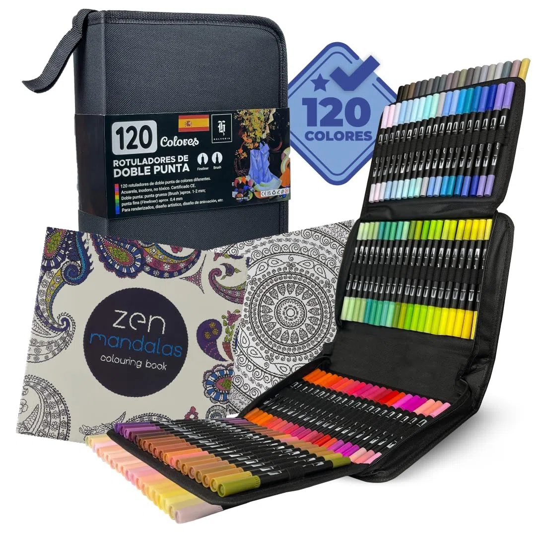 Rotuladores Lettering 120 Colores | Doble Punta Pincel y Fina 0,4 mm | Estuche + Accesorios | Set Profesional para Caligrafía, Bullet Journal y Dibujo