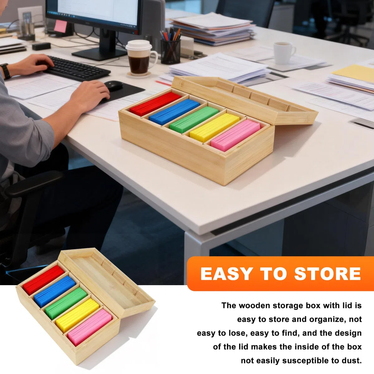 A7 Caja para Tarjetas Maderas, 22x12,6x9cm Caja Vocabulario Maderas con Tapa Organizador de Tarjeta con 4 Tabiques Ajustables Box de Tarjeta Aprendizaje para Oficina, Escuela (Tarjetas no Incluida)