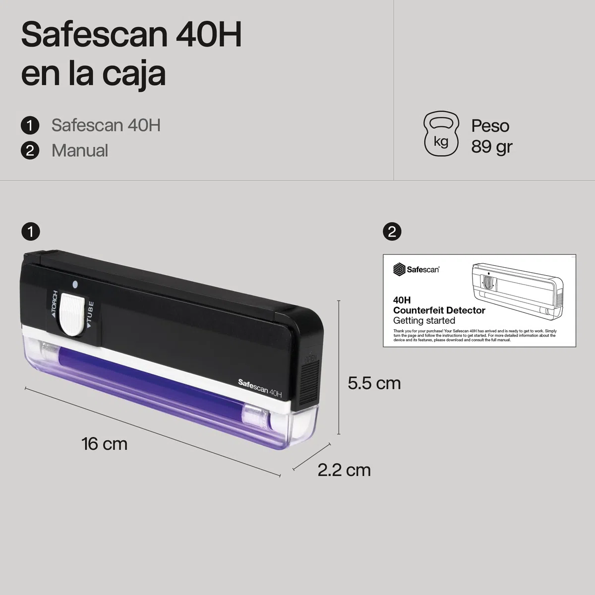 Safescan 40H Detector de billetes falsos portátil, verifica billetes, tarjetas de crédito y documentos - Detector UV para nuevos billetes - Detector billetes falsos con luz UV - Detector con luz UV